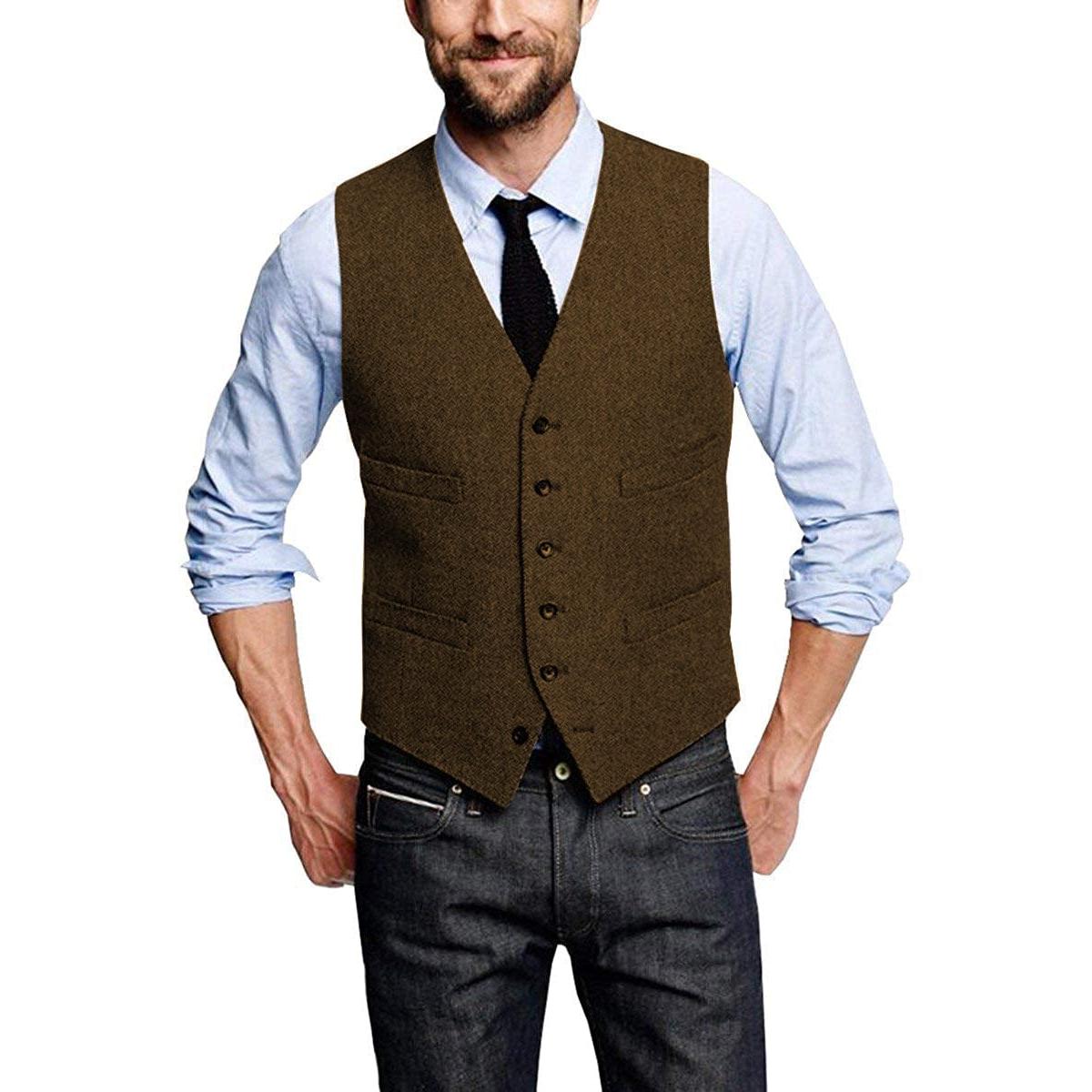 ceehuteey Casual Mens Leisure Tweed Herringbone V Neck Waistcoat