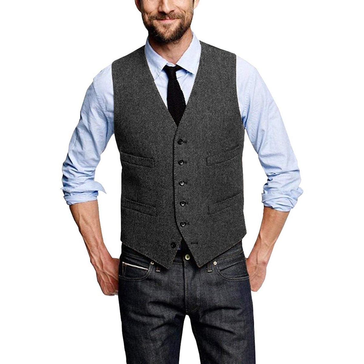 ceehuteey Casual Mens Leisure Tweed Herringbone V Neck Waistcoat