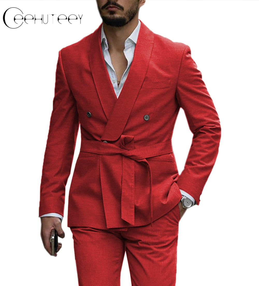 ceehuteey Casual Mens Suit Double Breasted Shawl Lapel 2 Pieces (Blazer+Pants)