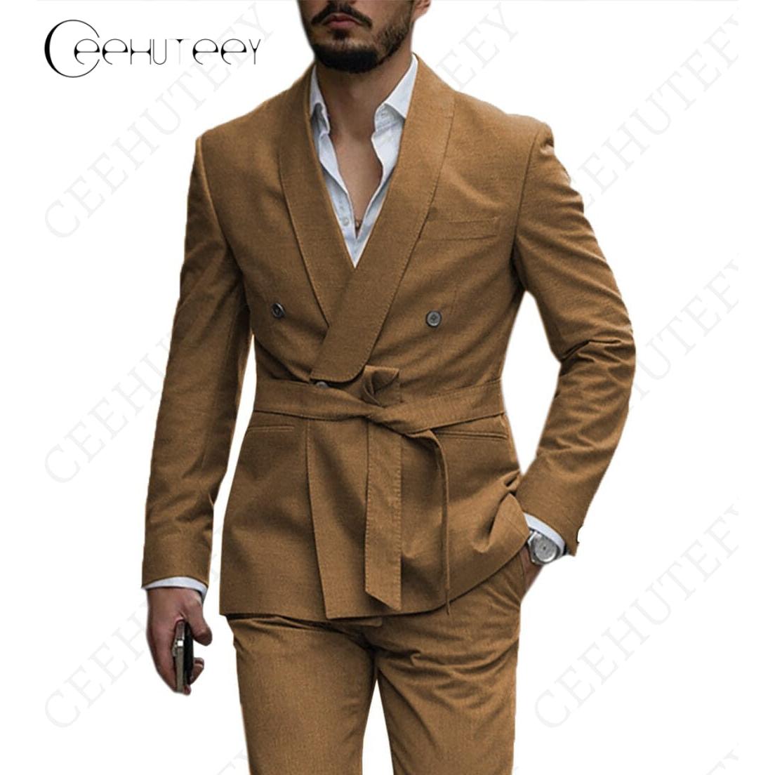 ceehuteey Casual Mens Suit Double Breasted Shawl Lapel 2 Pieces (Blazer+Pants)