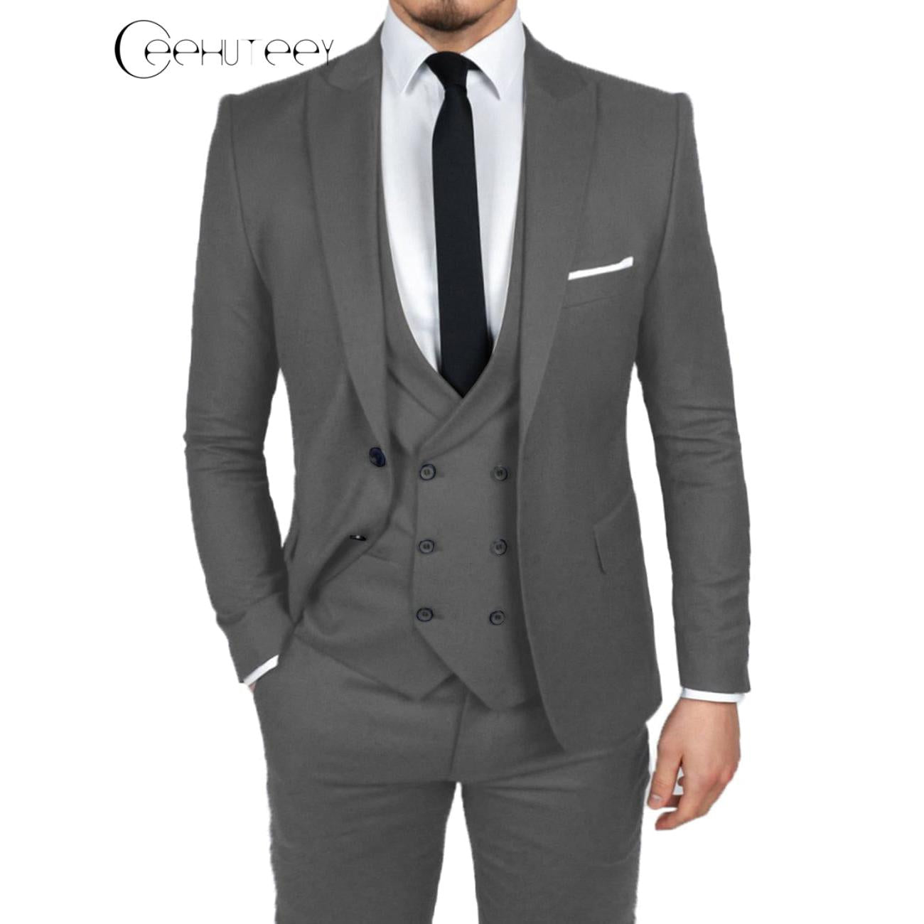 ceehuteey Causal Men's 3 Pieces Dinner Suit Peak Lapel Tuxedos Groom (Blazer+vest+Pants)