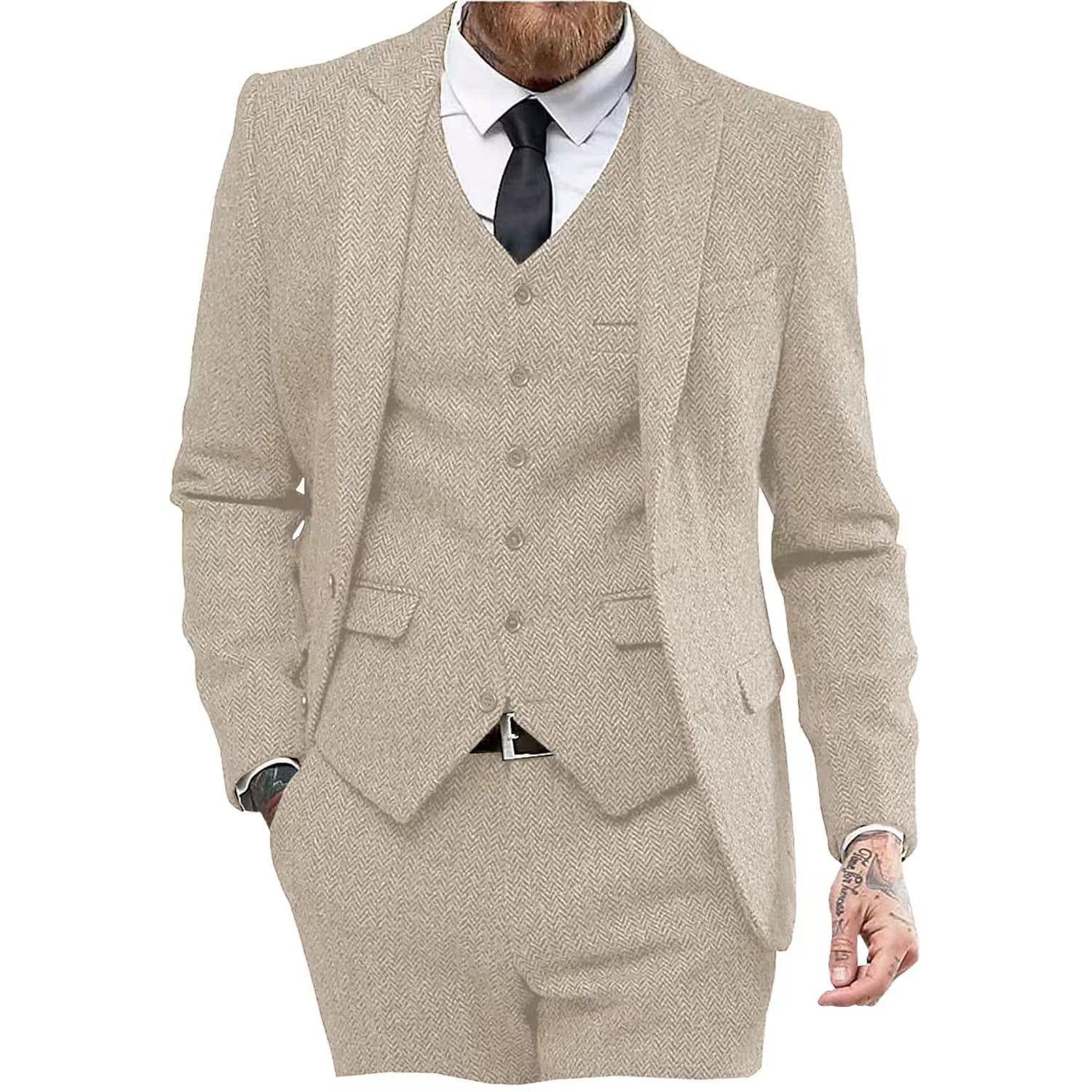 ceehuteey Ceehuteey 3 Piece Mens Suit Herringbone Peak Lapel Tuxedos (Blazer+vest+Pants)