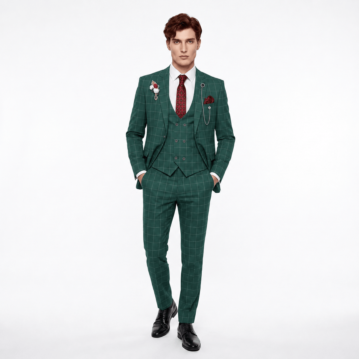 Ceehuteey Ceehuteey Casual 3 Pieces Plaid Peak Lapel Men's Suits (Blazer+Vest+Pants)
