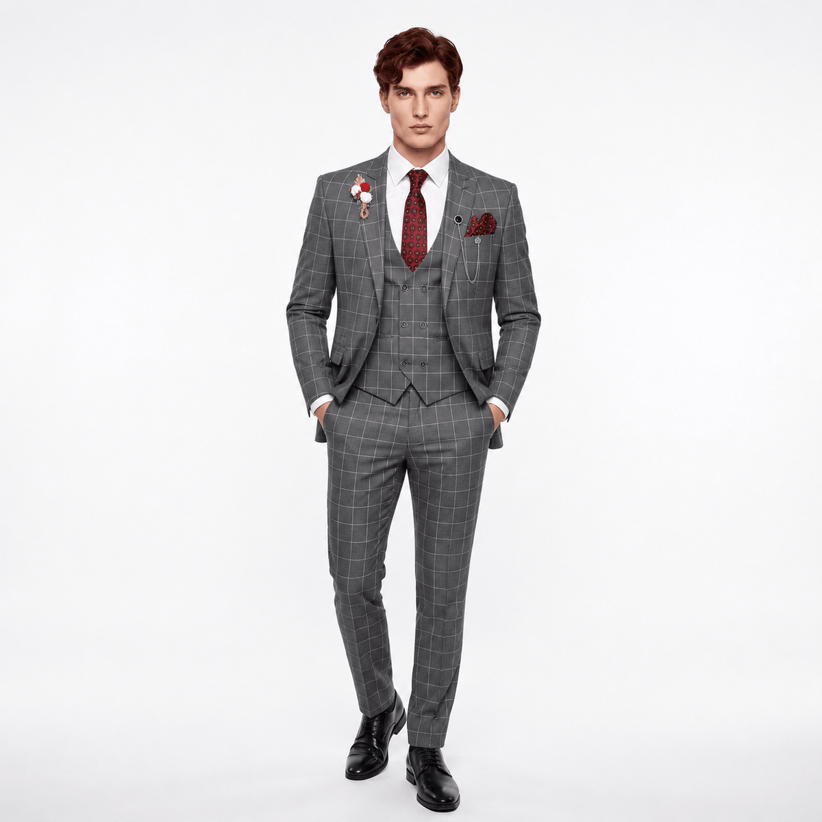 Ceehuteey Ceehuteey Casual 3 Pieces Plaid Peak Lapel Men's Suits (Blazer+Vest+Pants)