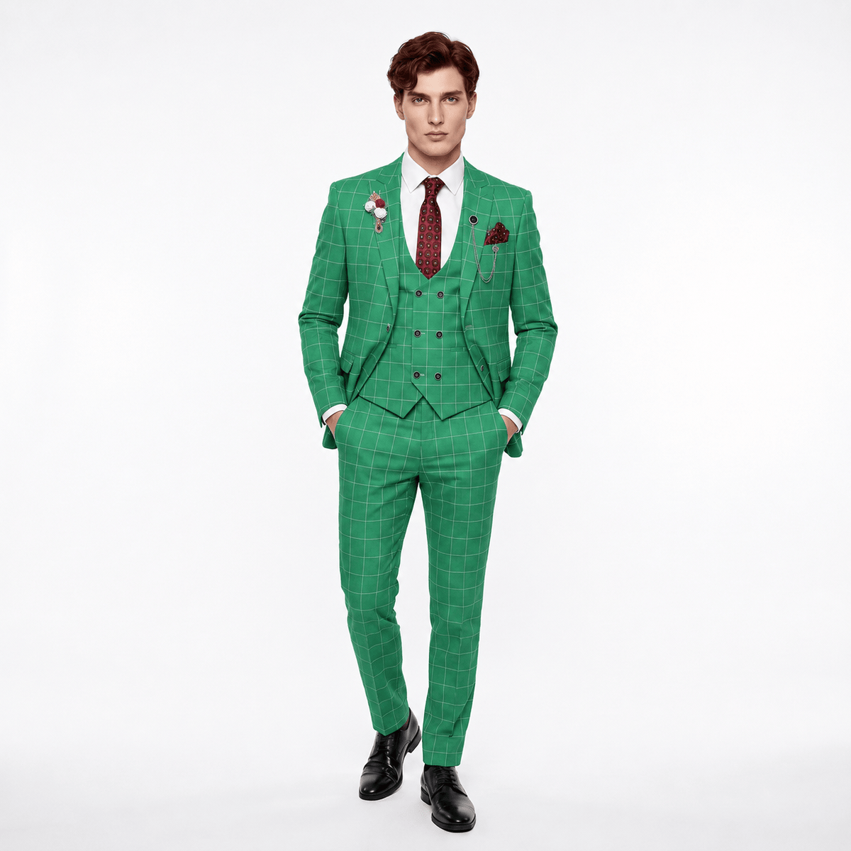 Ceehuteey Ceehuteey Casual 3 Pieces Plaid Peak Lapel Men's Suits (Blazer+Vest+Pants)