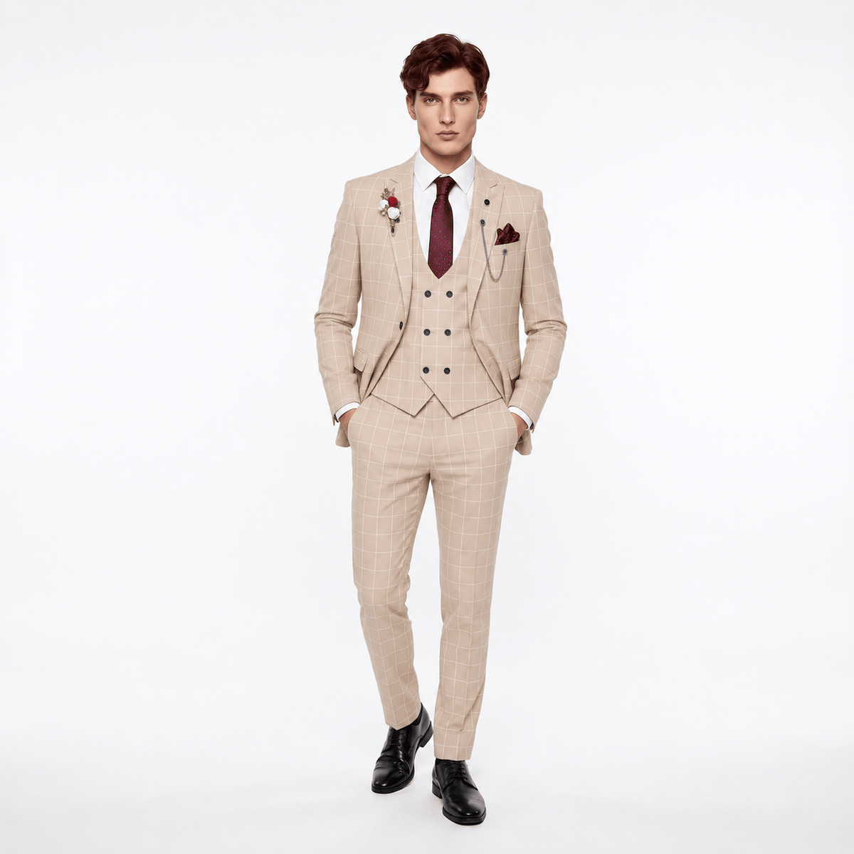 Ceehuteey Ceehuteey Casual 3 Pieces Plaid Peak Lapel Men's Suits (Blazer+Vest+Pants)