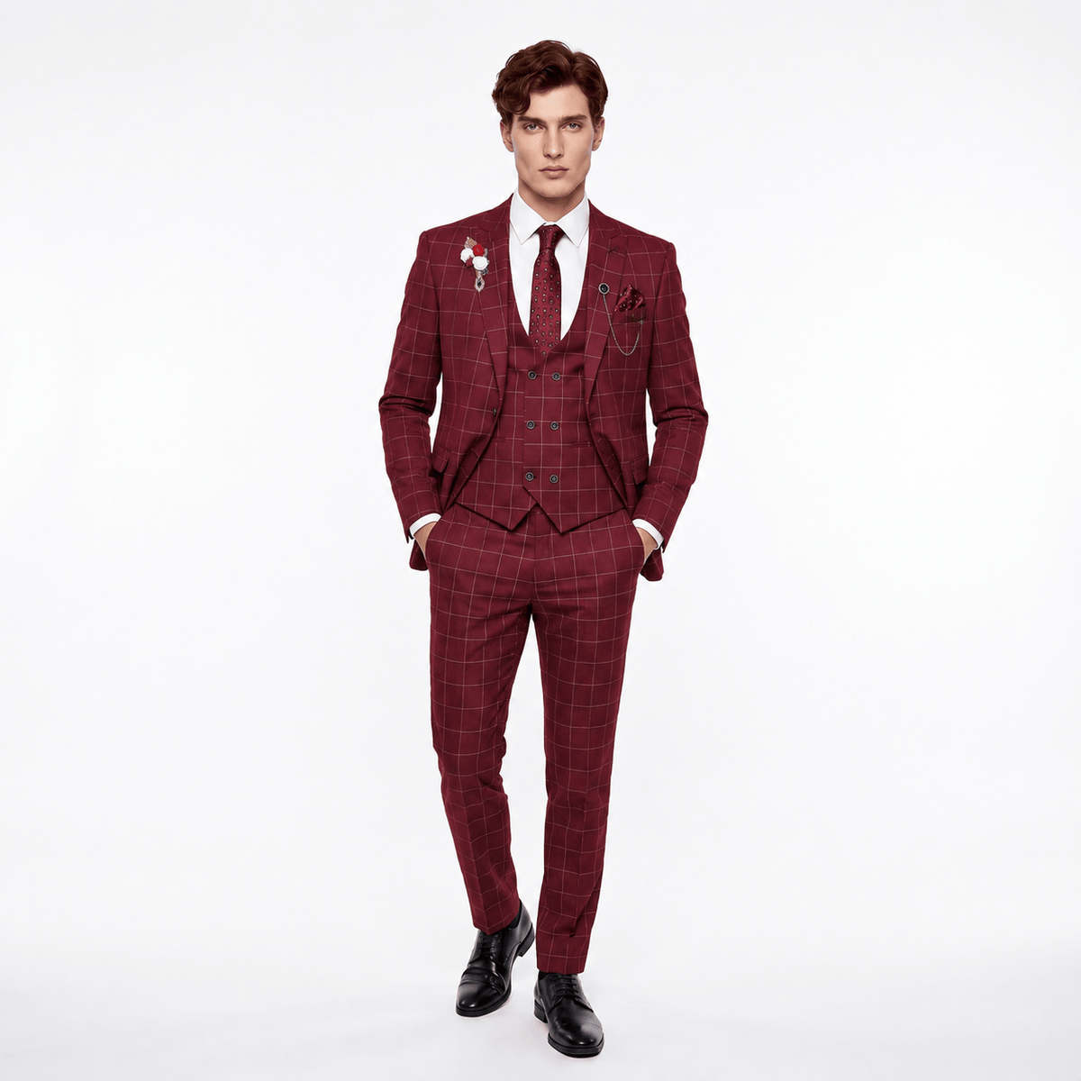 Ceehuteey Ceehuteey Casual 3 Pieces Plaid Peak Lapel Men's Suits (Blazer+Vest+Pants)