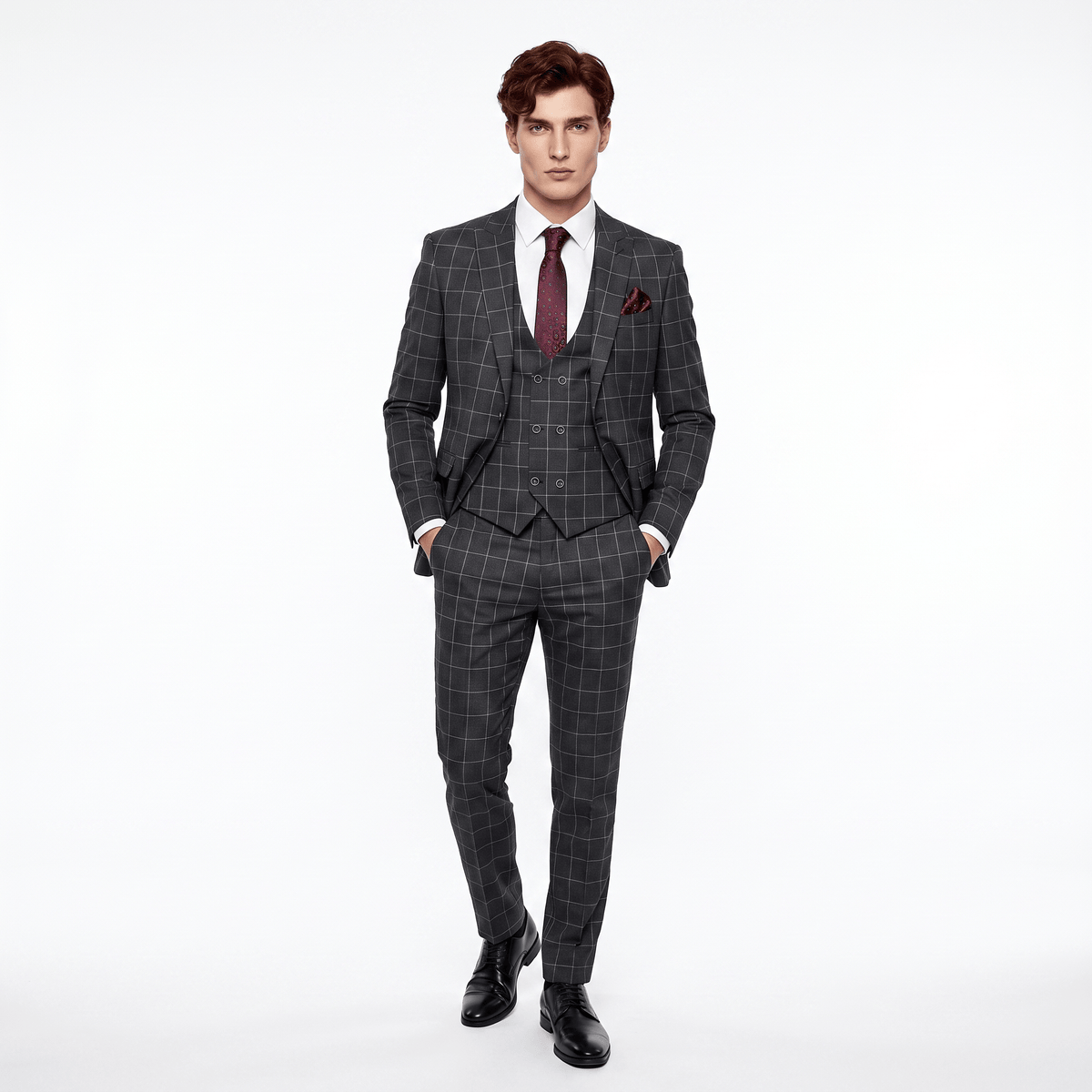 Ceehuteey Ceehuteey Casual 3 Pieces Plaid Peak Lapel Men's Suits (Blazer+Vest+Pants)