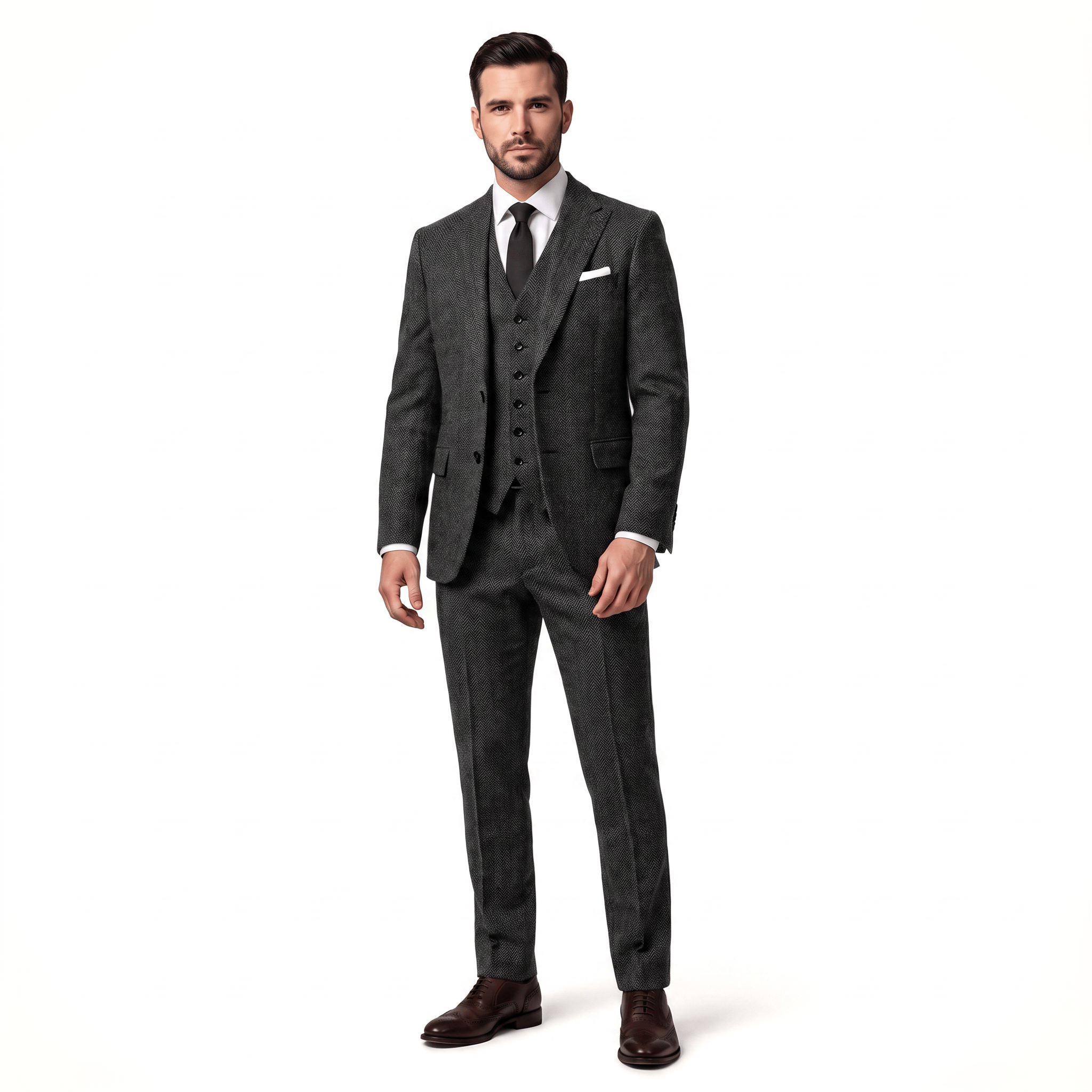 Ceehuteey Ceehuteey Classic 3 Pieces Men's Suit Herringbone Peak Lapel Suit(Blazer+vest+Pants)