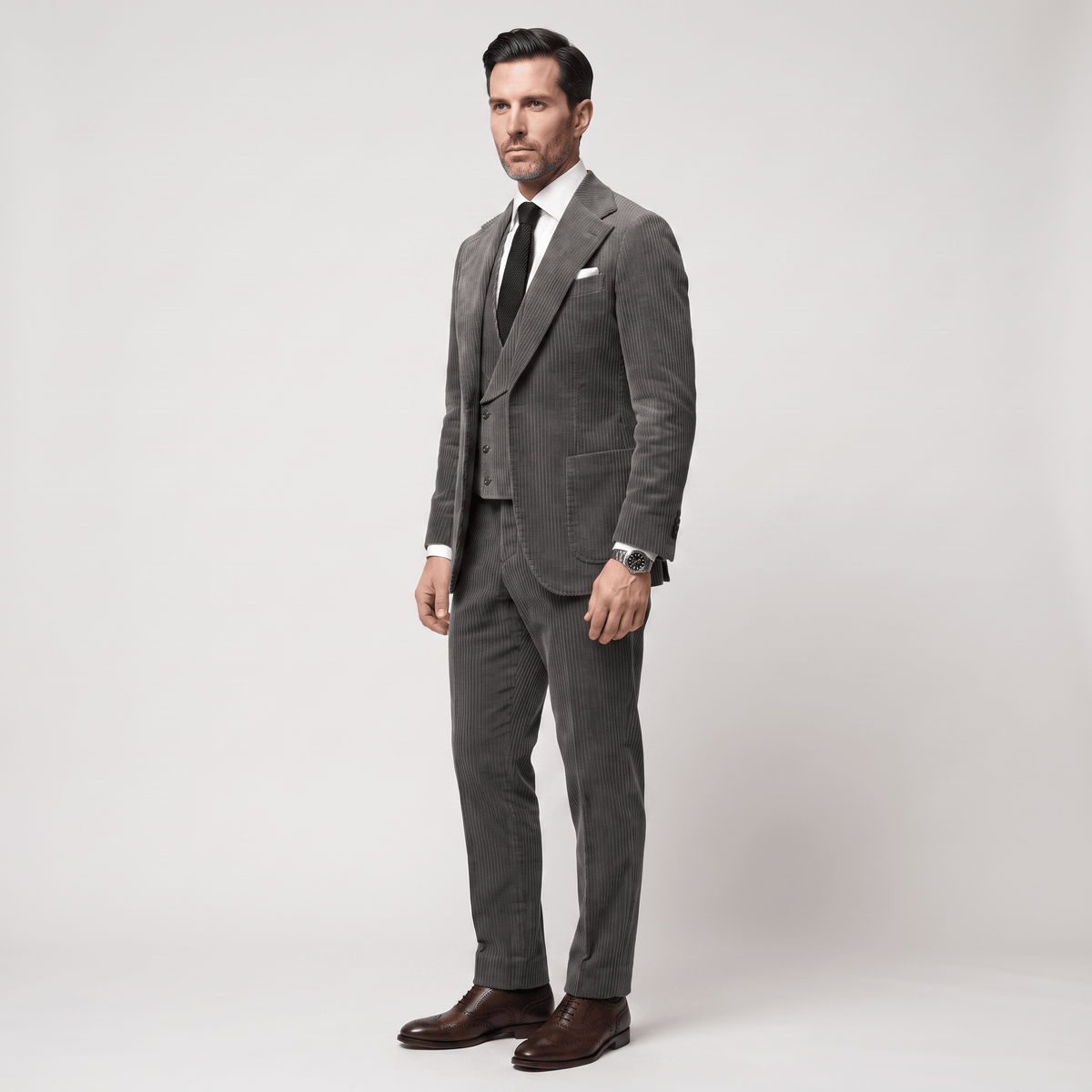 Ceehuteey Ceehuteey Corduroy Men's Suit Solid 3 Pieces Notch Lapel Suit (Blazer+Vest+Pants)
