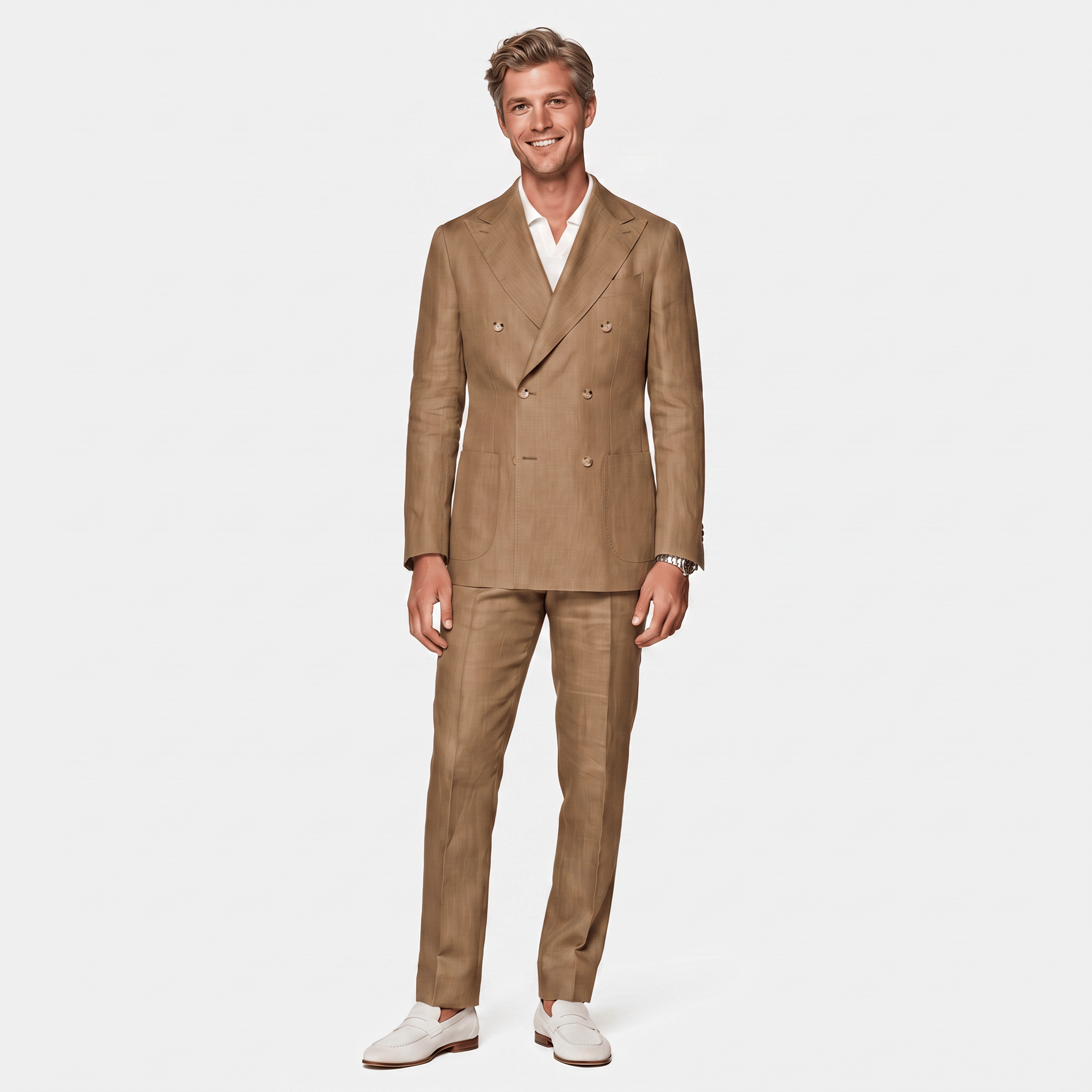 Ceehuteey Ceehuteey Linen Men's Double Breasted Solid Peak lapel Men‘s Suit (Blazer+Pants)