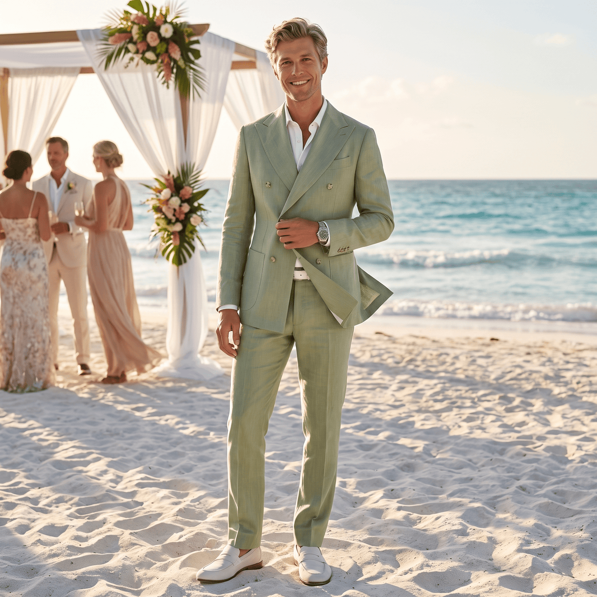 Ceehuteey Ceehuteey Linen Men's Double Breasted Solid Peak lapel Men‘s Suit (Blazer+Pants)