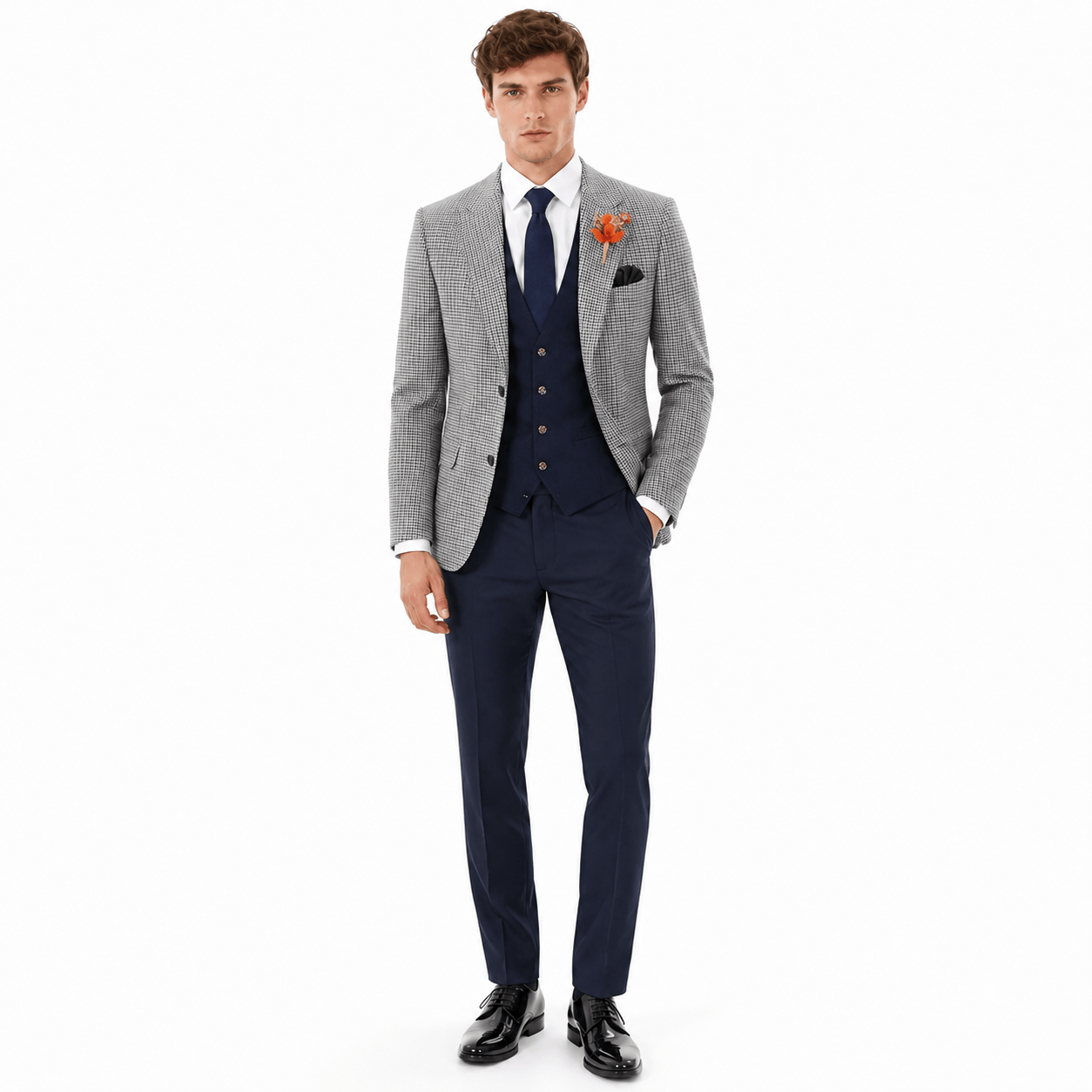 Ceehuteey Ceehuteey Men's 3 Pieces Checked Houndstooth Peak Lapel Suits (Blazer+Vest+Pants)