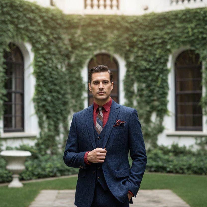 ceehuteey Ceehuteey Men's 3 Pieces Slim Fit Tweed Classic Herringbone Notch Lapel Tuxedos (Blazer+vest+Pants)