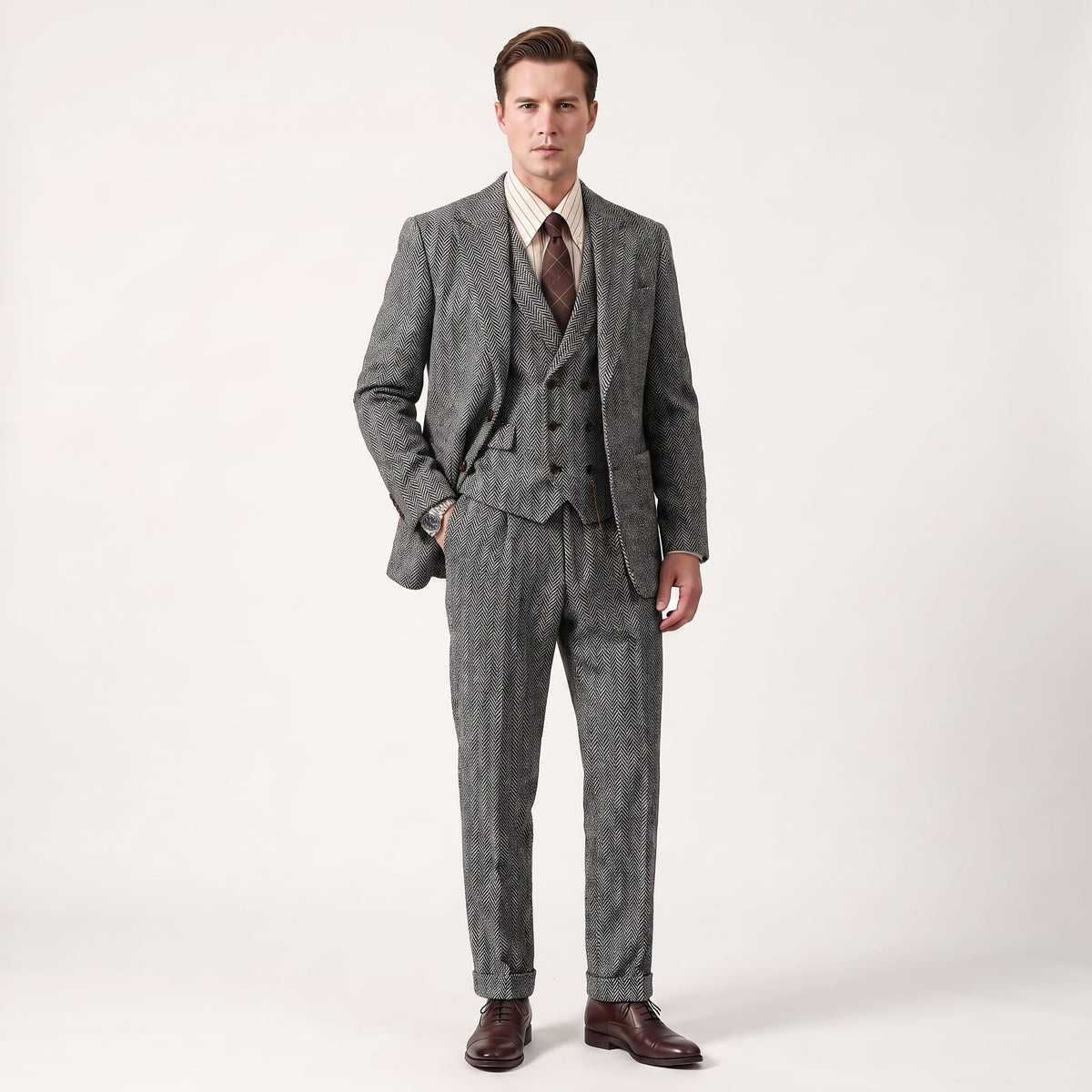 men’s classical herringbone suits 3 piece suits regular fit wedding groom suits (blazer+vest+pants) Grey / 40R