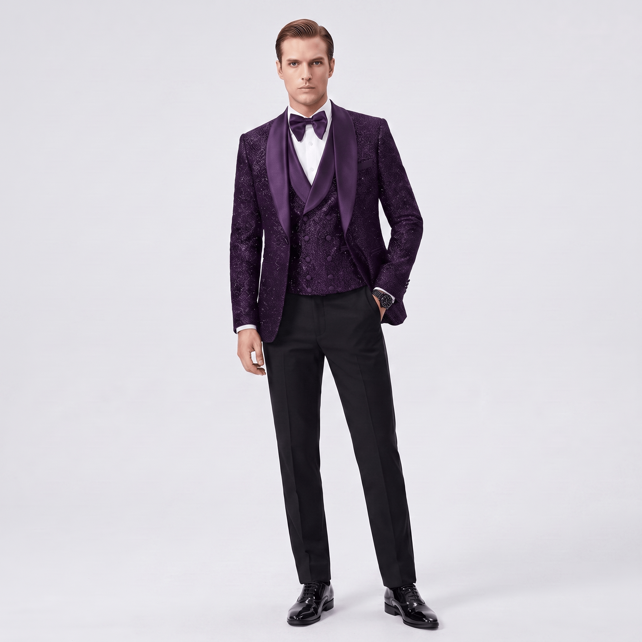 Ceehuteey Ceehuteey Men's Shiny Sequins 3 Pieces Shawl Lapel Men's Suit  (Blazer + Vest + Pants)
