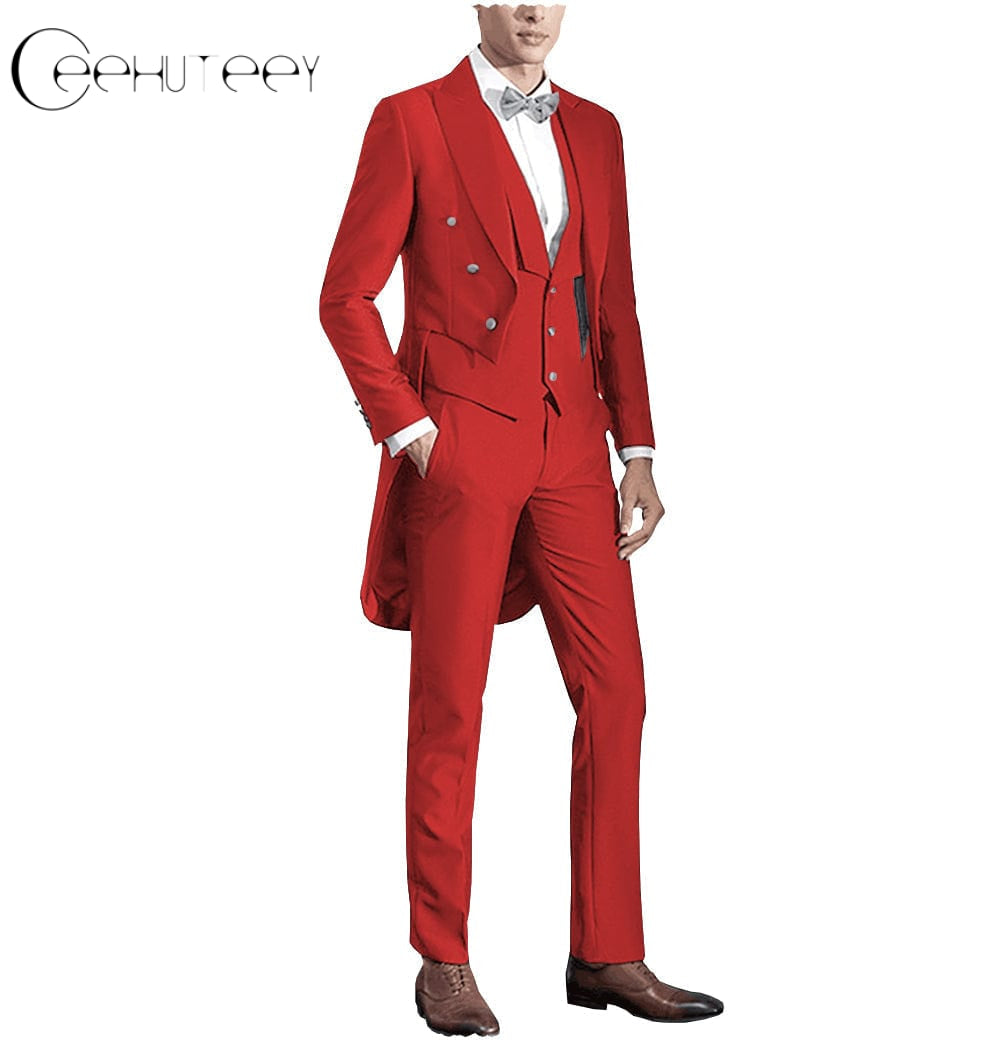 ceehuteey Classic Men's 3 Pieces Tailcoat Slim Fit Peak Lapel Tuxedos Swallow-Tailed Coat Groomsmen (Blazer+vest+Pants)