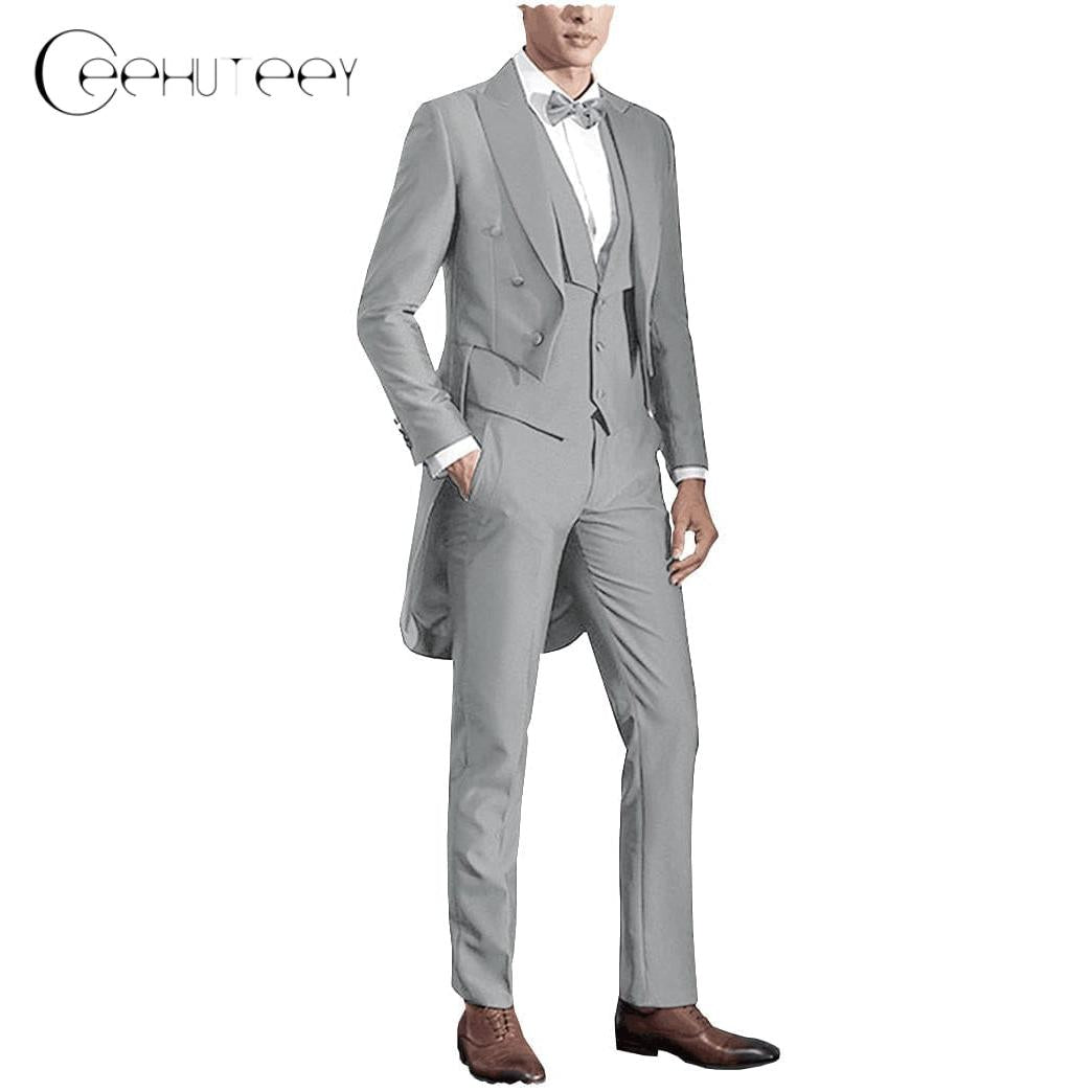 ceehuteey Classic Men's 3 Pieces Tailcoat Slim Fit Peak Lapel Tuxedos Swallow-Tailed Coat Groomsmen (Blazer+vest+Pants)
