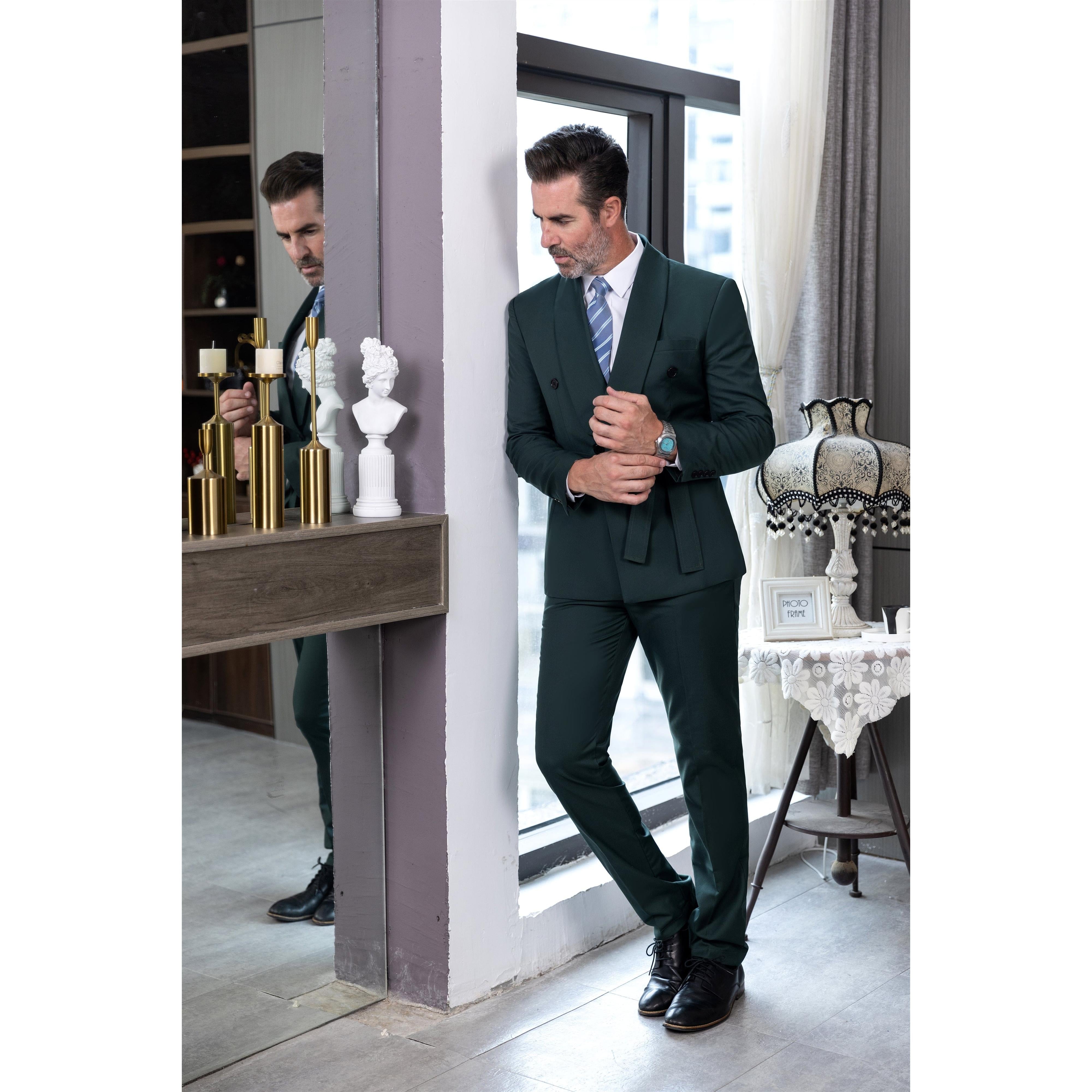 ceehuteey Fashion Casual Men's 2 Pieces  Shawl Lapel Double Breasted Suit (Blazer+Pants)