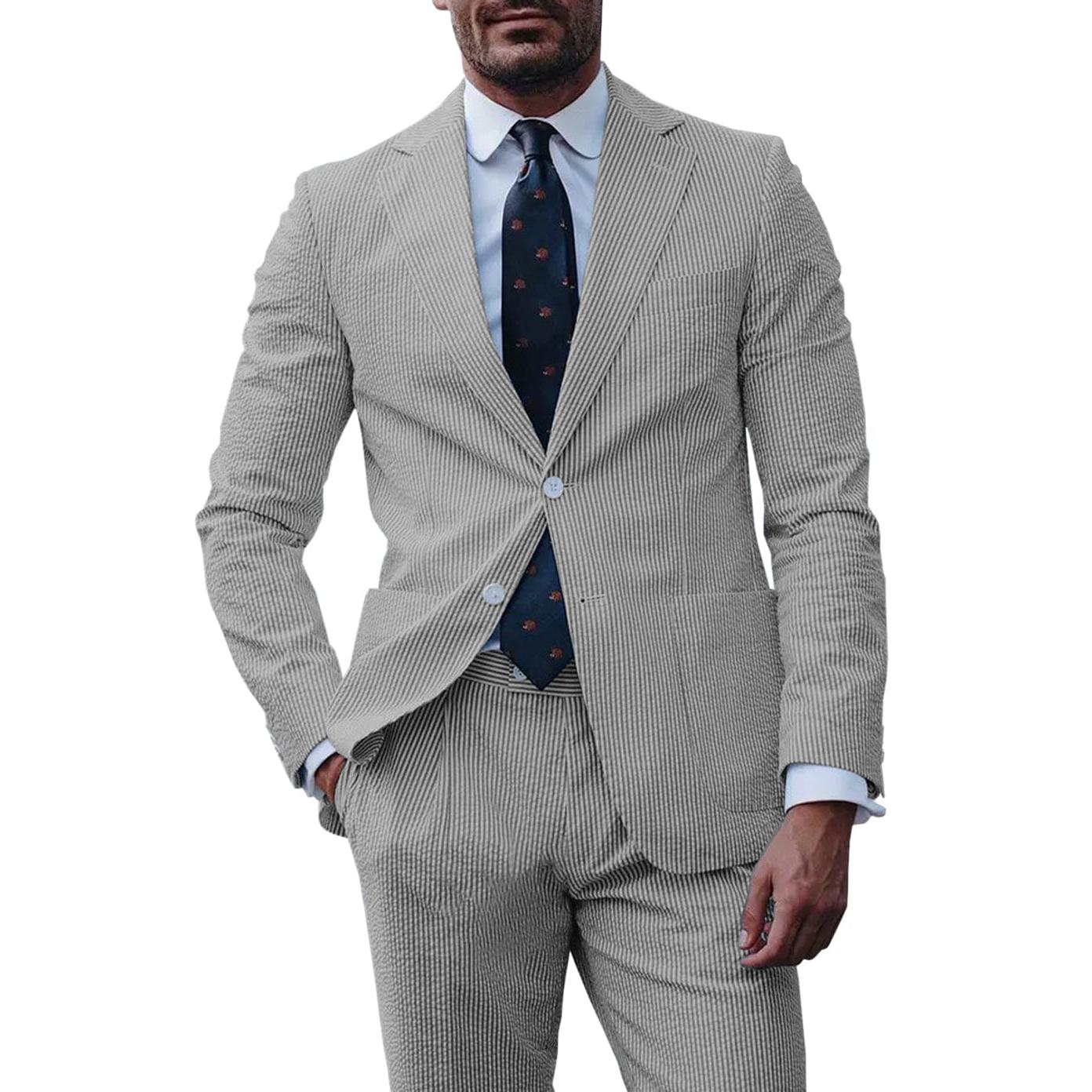 ceehuteey Fashion Men's 2-Pieces Striped Flat Notch Lapel Suit(Blazer+Pants)