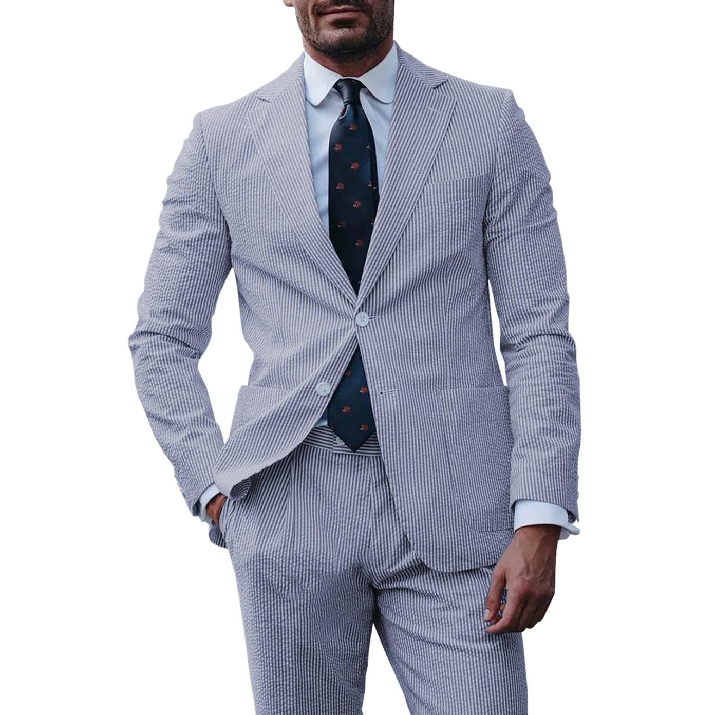 ceehuteey Fashion Men's 2-Pieces Striped Flat Notch Lapel Suit(Blazer+Pants)