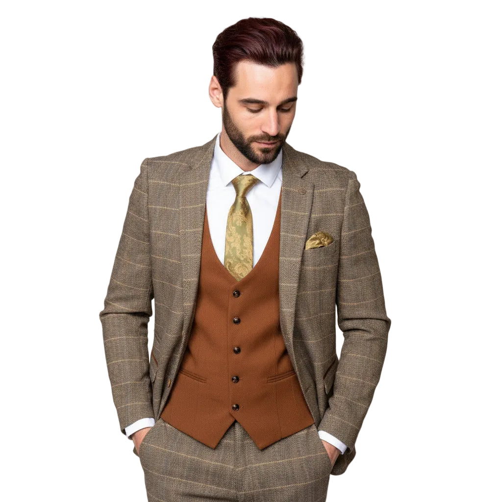 ceehuteey Fashionable Men's 3 piece Plaid Notch Lapel Double Breasted British style Multiple Occasions suits (Blazer+vest+Pants)
