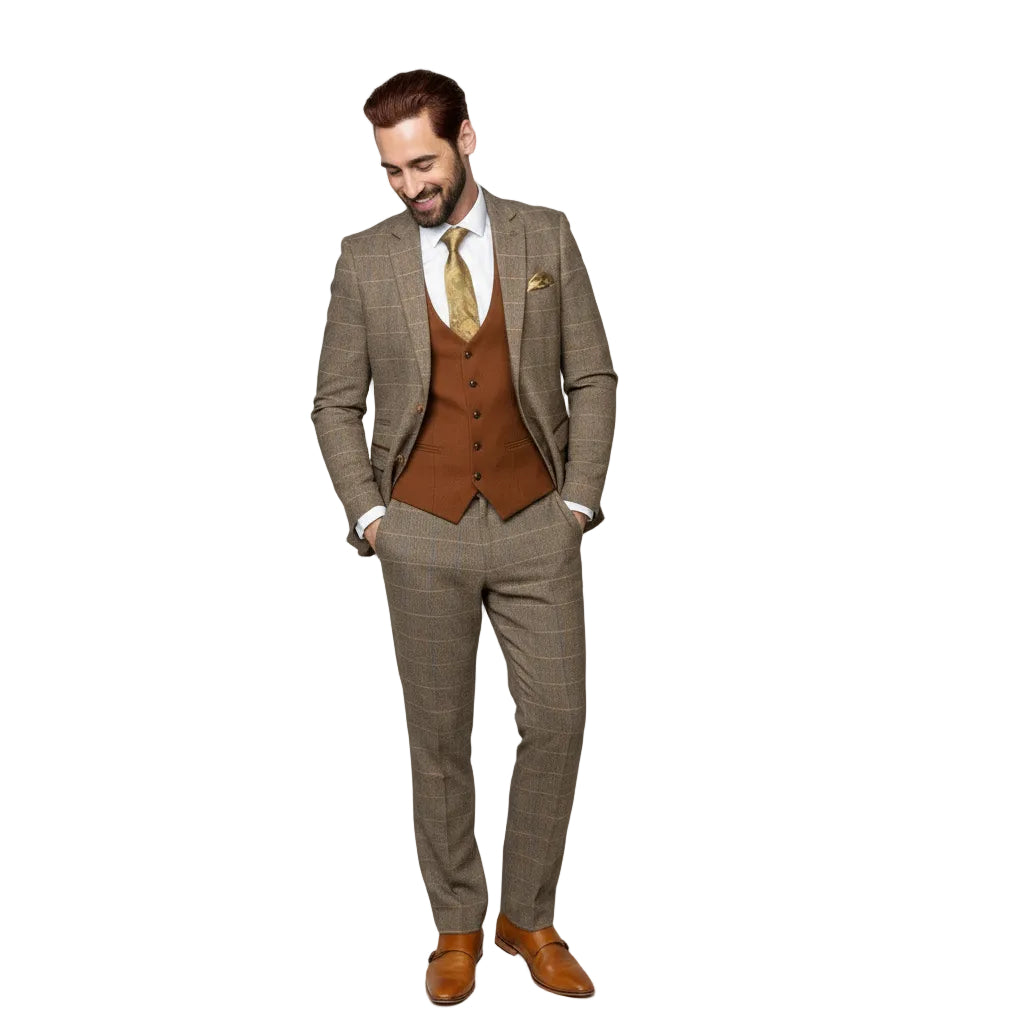 ceehuteey Fashionable Men's 3 piece Plaid Notch Lapel Double Breasted British style Multiple Occasions suits (Blazer+vest+Pants)