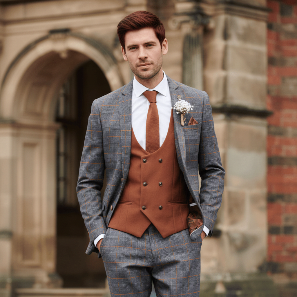 ceehuteey Fashionable Men's 3 piece Plaid Notch Lapel Double Breasted British style Multiple Occasions suits (Blazer+vest+Pants)