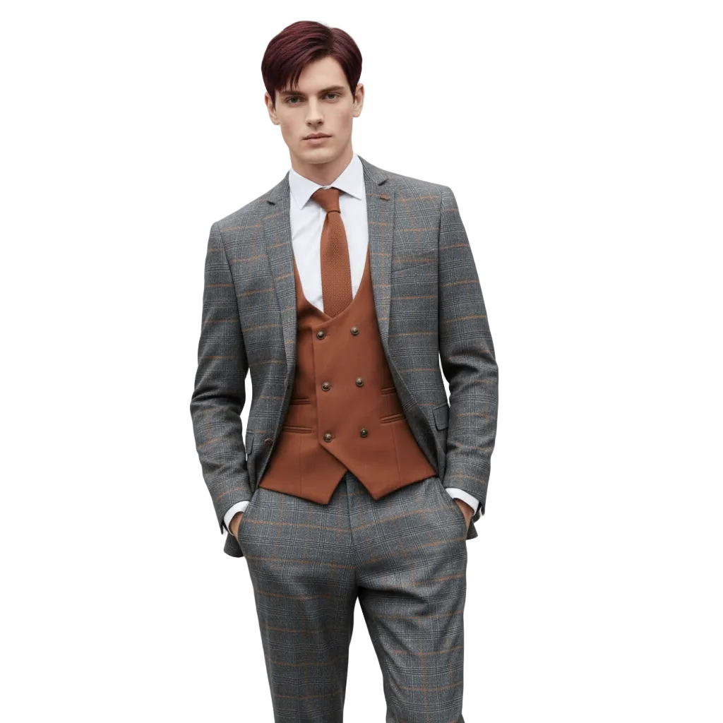ceehuteey Fashionable Men's 3 piece Plaid Notch Lapel Double Breasted British style Multiple Occasions suits (Blazer+vest+Pants)
