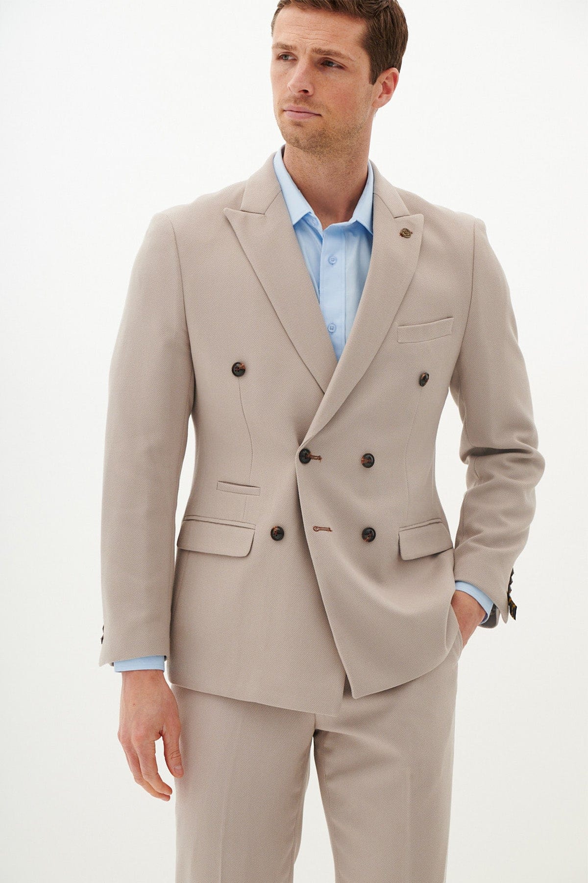 ceehuteey Formal Fashion Handsome Beige Men's Suit Double Breasted 2 Piece Business Tuxedos (Blazer+Pants)