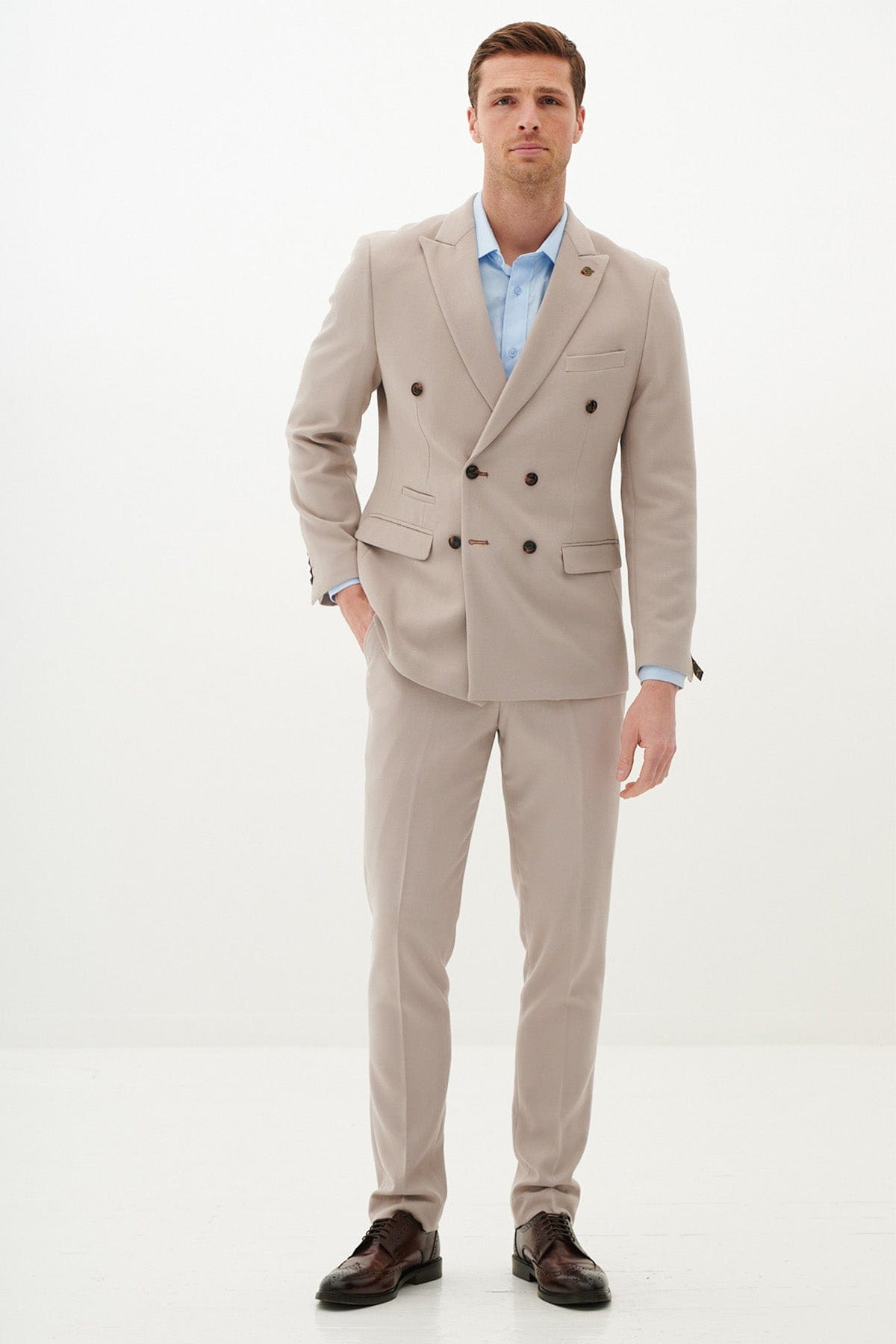 ceehuteey Formal Fashion Handsome Beige Men's Suit Double Breasted 2 Piece Business Tuxedos (Blazer+Pants)