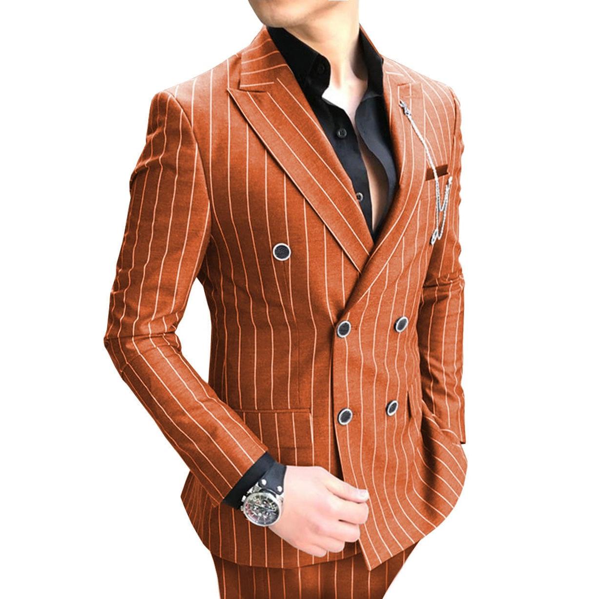 ceehuteey Formal Men's 2 Pieces Pinstripe Suit Peak Lapel Striped Tuxedos (Blazer+Pants)