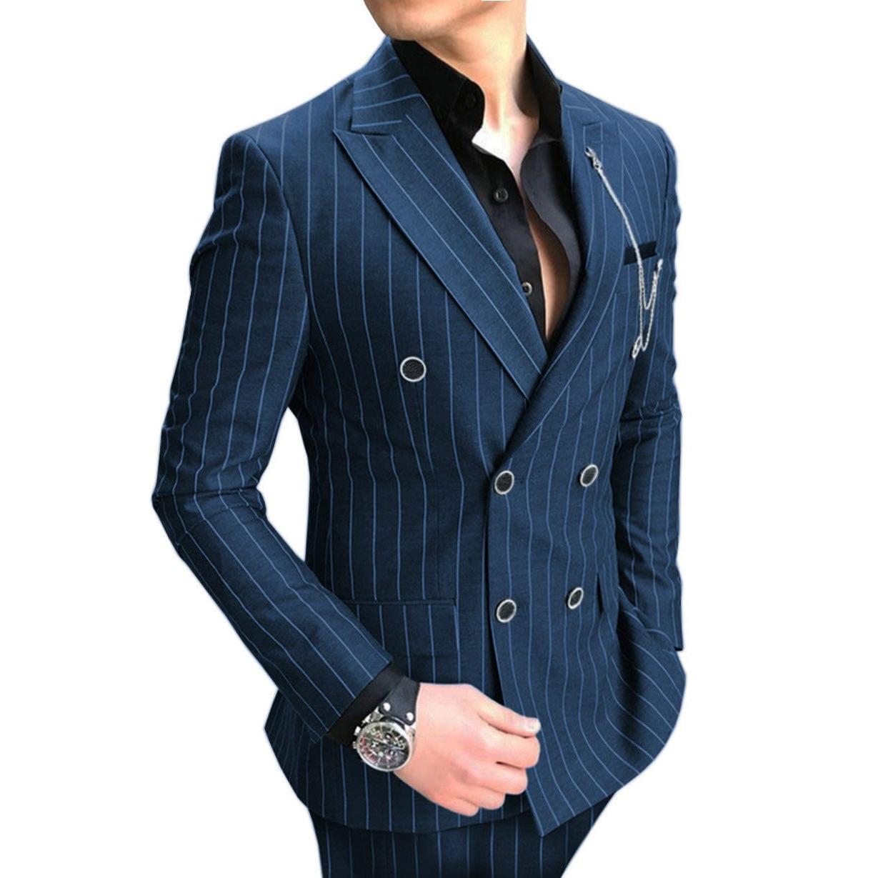 ceehuteey Formal Men's 2 Pieces Pinstripe Suit Peak Lapel Striped Tuxedos (Blazer+Pants)