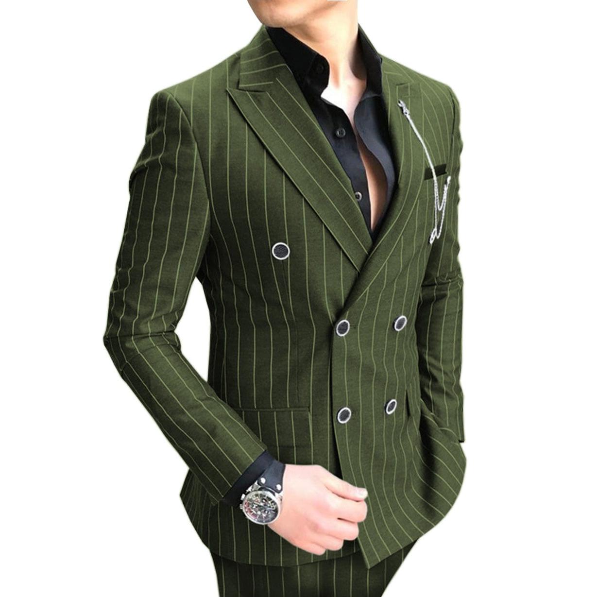 ceehuteey Formal Men's 2 Pieces Pinstripe Suit Peak Lapel Striped Tuxedos (Blazer+Pants)