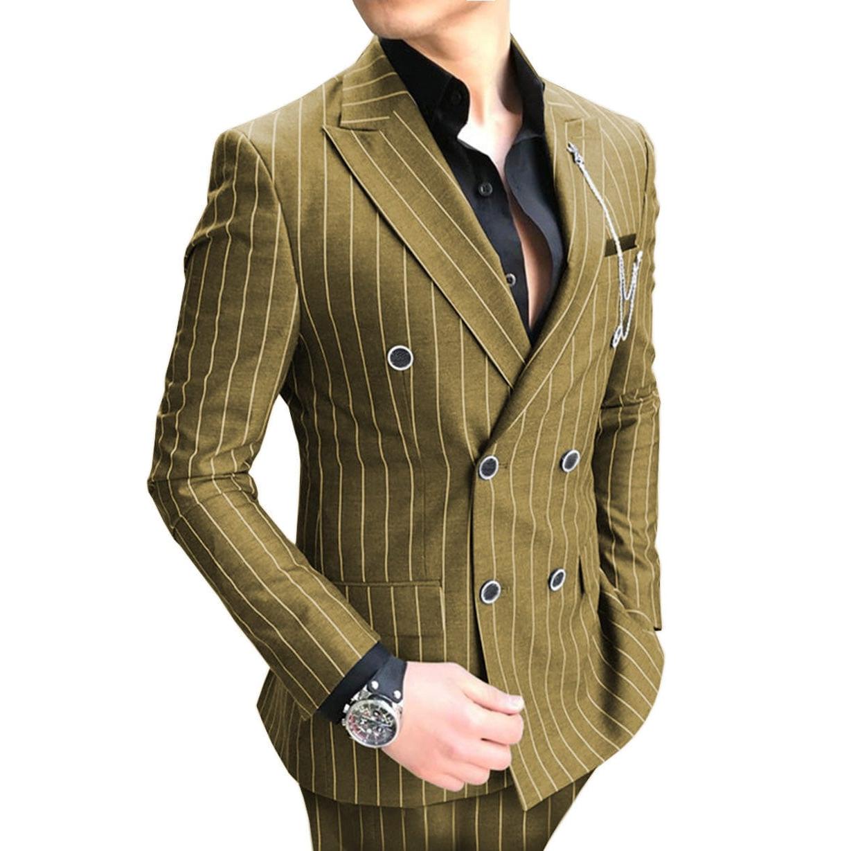 ceehuteey Formal Men's 2 Pieces Pinstripe Suit Peak Lapel Striped Tuxedos (Blazer+Pants)