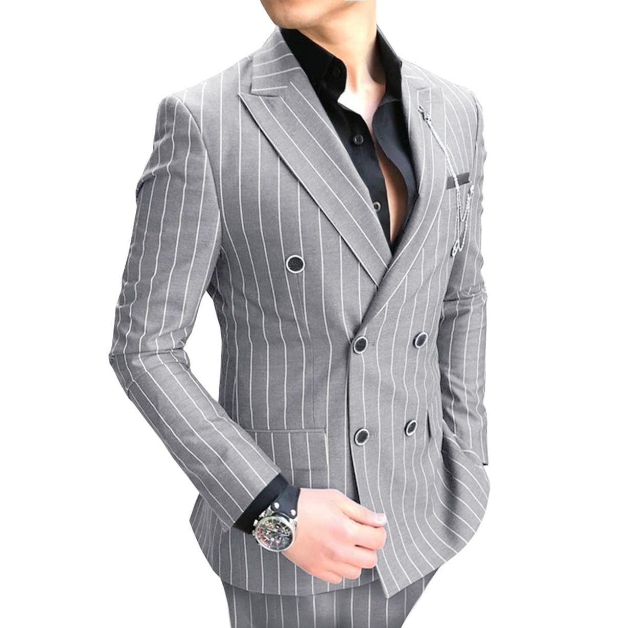 ceehuteey Formal Men's 2 Pieces Pinstripe Suit Peak Lapel Striped Tuxedos (Blazer+Pants)