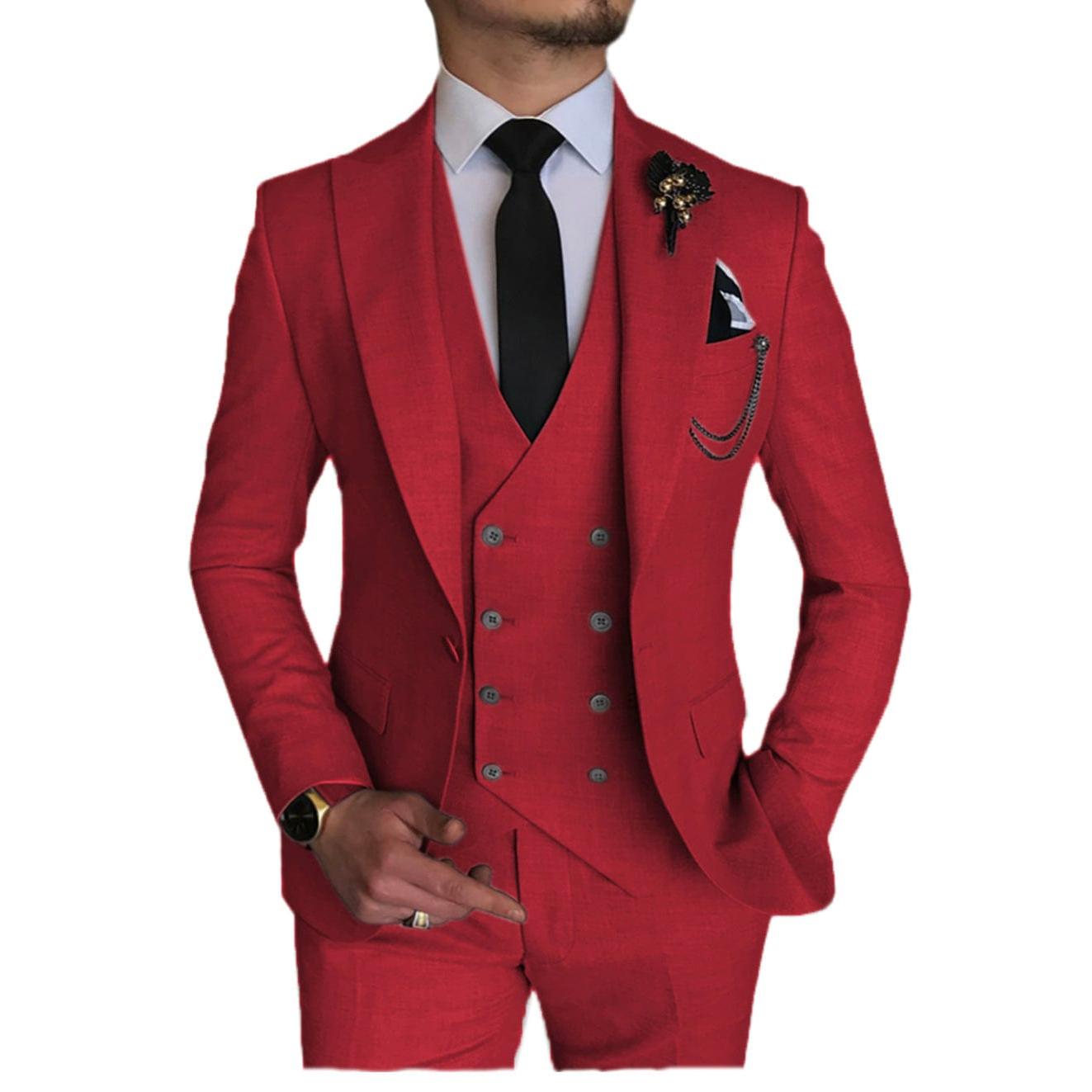 ceehuteey Formal Men's 3 Pieces Flat Peak Lapel Tuxedos For Wedding (Blazer+vest+Pants)