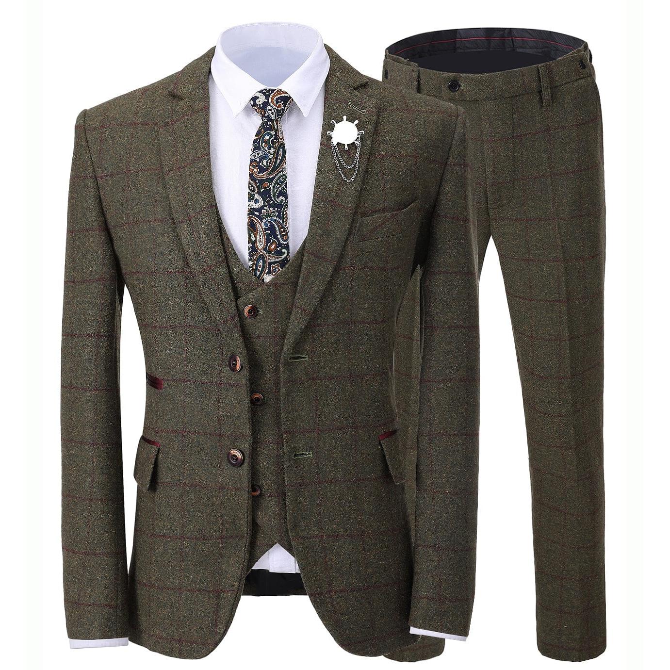 ceehuteey Formal Men's Business 3 Pieces Tweed Plaid Notch Lapel Suit Men for Wedding(Blazer+vest+Pants)