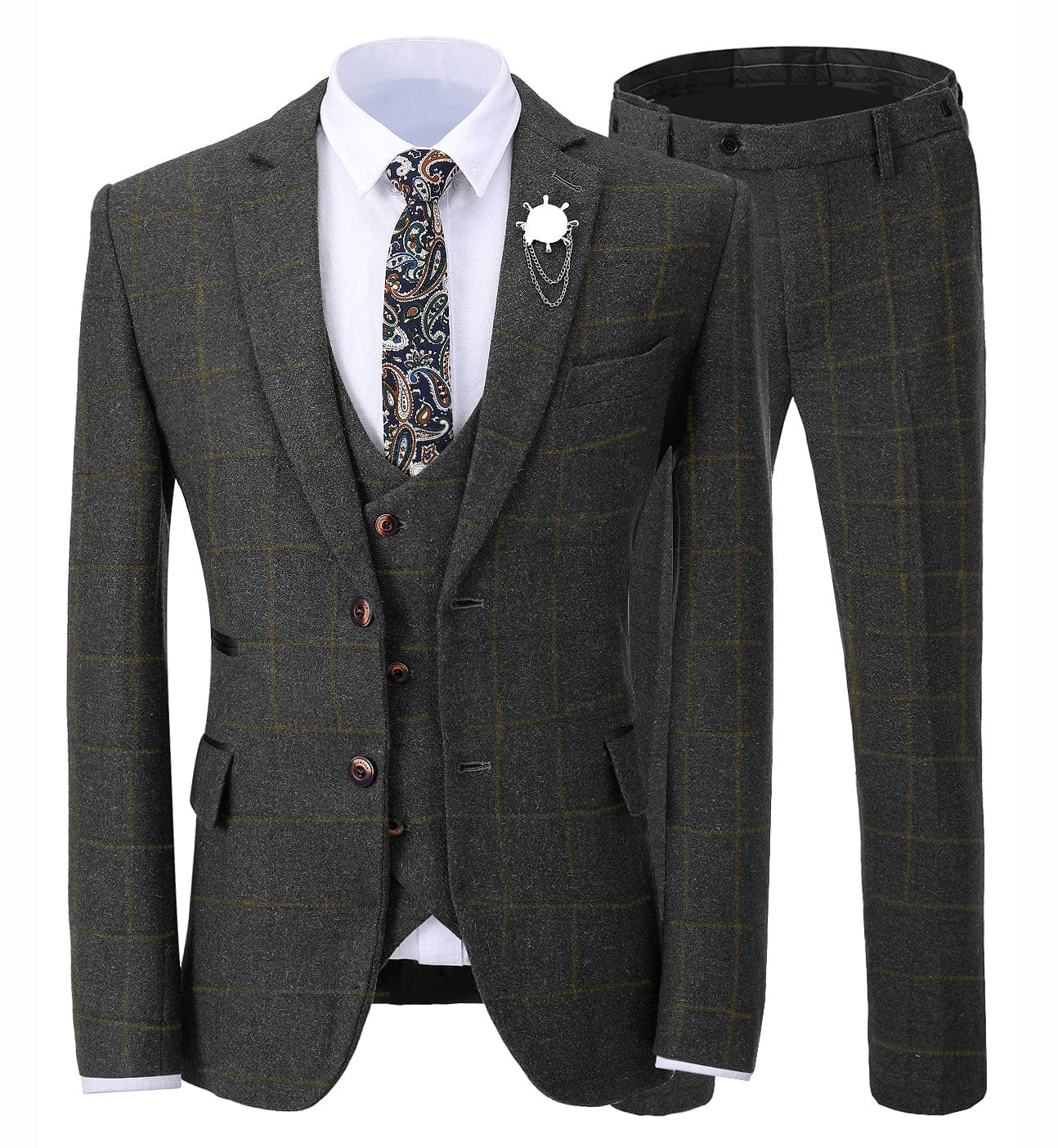 ceehuteey Formal Men's Business 3 Pieces Tweed Plaid Notch Lapel Suit Men for Wedding(Blazer+vest+Pants)