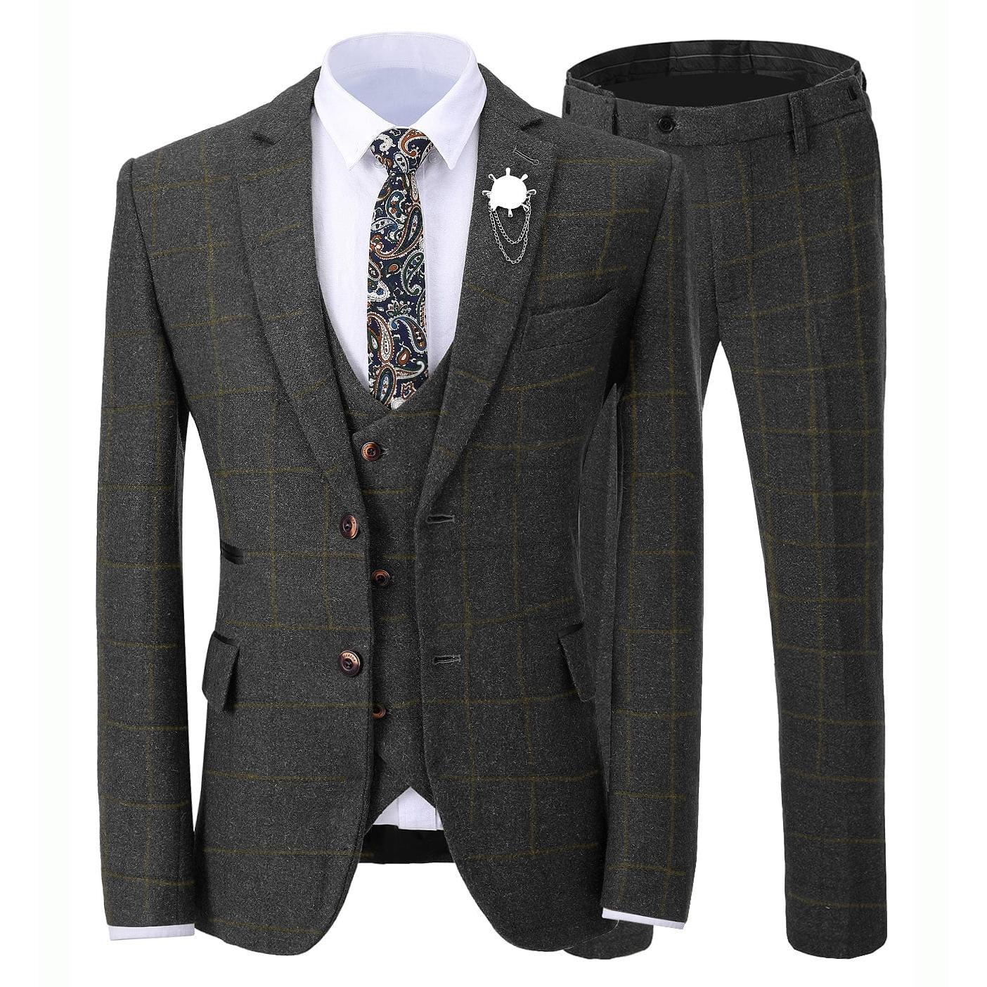 ceehuteey Formal Men's Business 3 Pieces Tweed Plaid Notch Lapel Suit Men for Wedding(Blazer+vest+Pants)