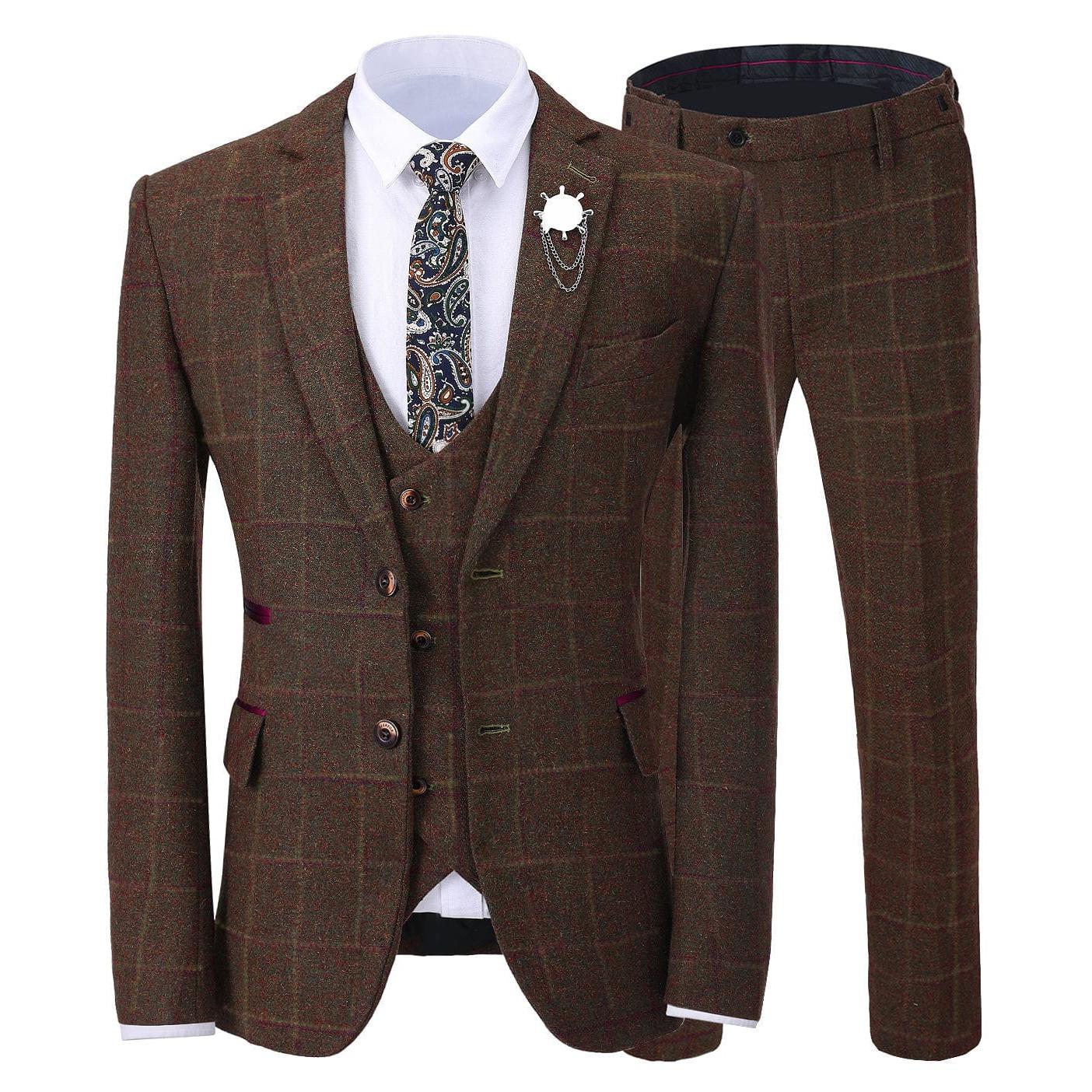 ceehuteey Formal Men's Business 3 Pieces Tweed Plaid Notch Lapel Suit Men for Wedding(Blazer+vest+Pants)