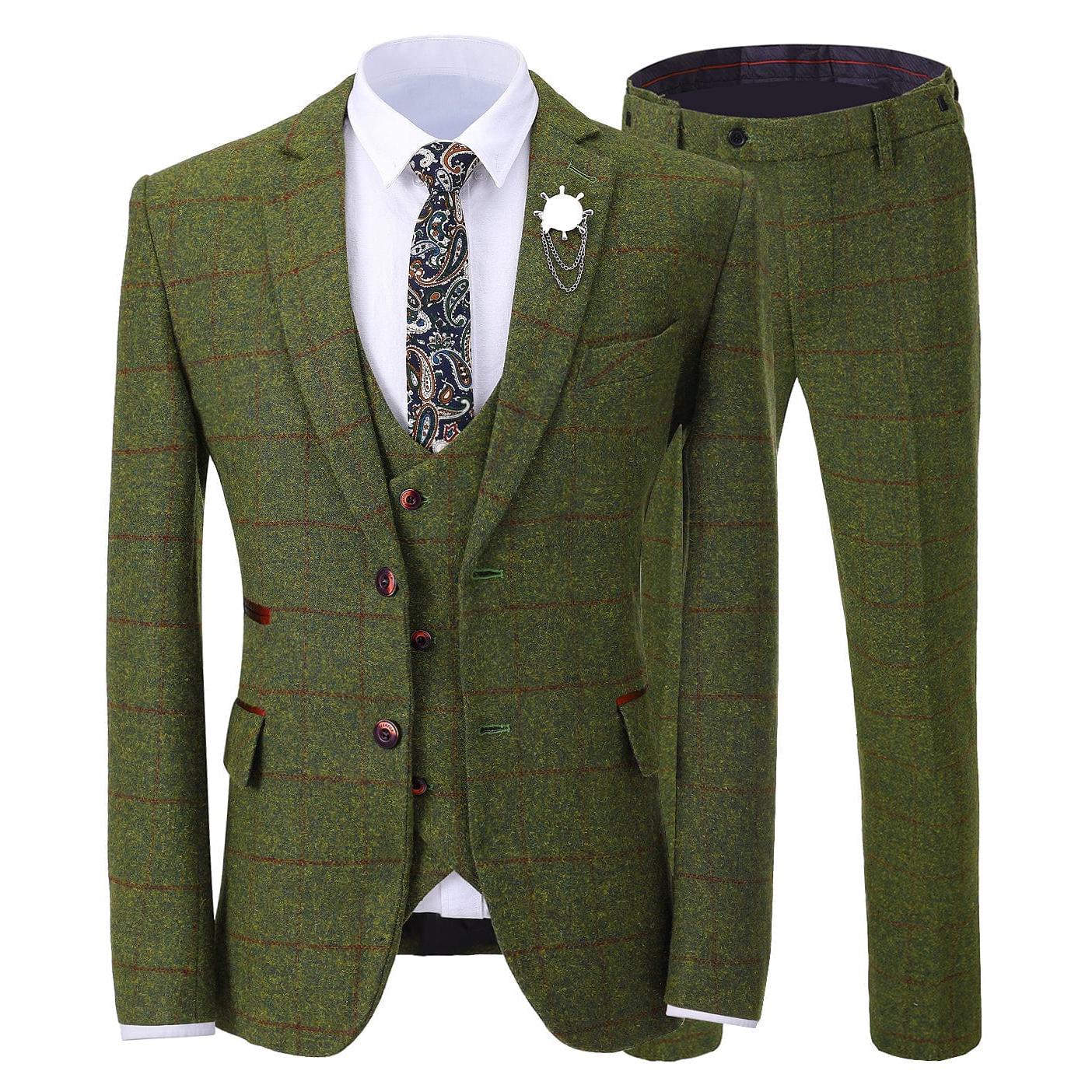 ceehuteey Formal Men's Business 3 Pieces Tweed Plaid Notch Lapel Suit Men for Wedding(Blazer+vest+Pants)