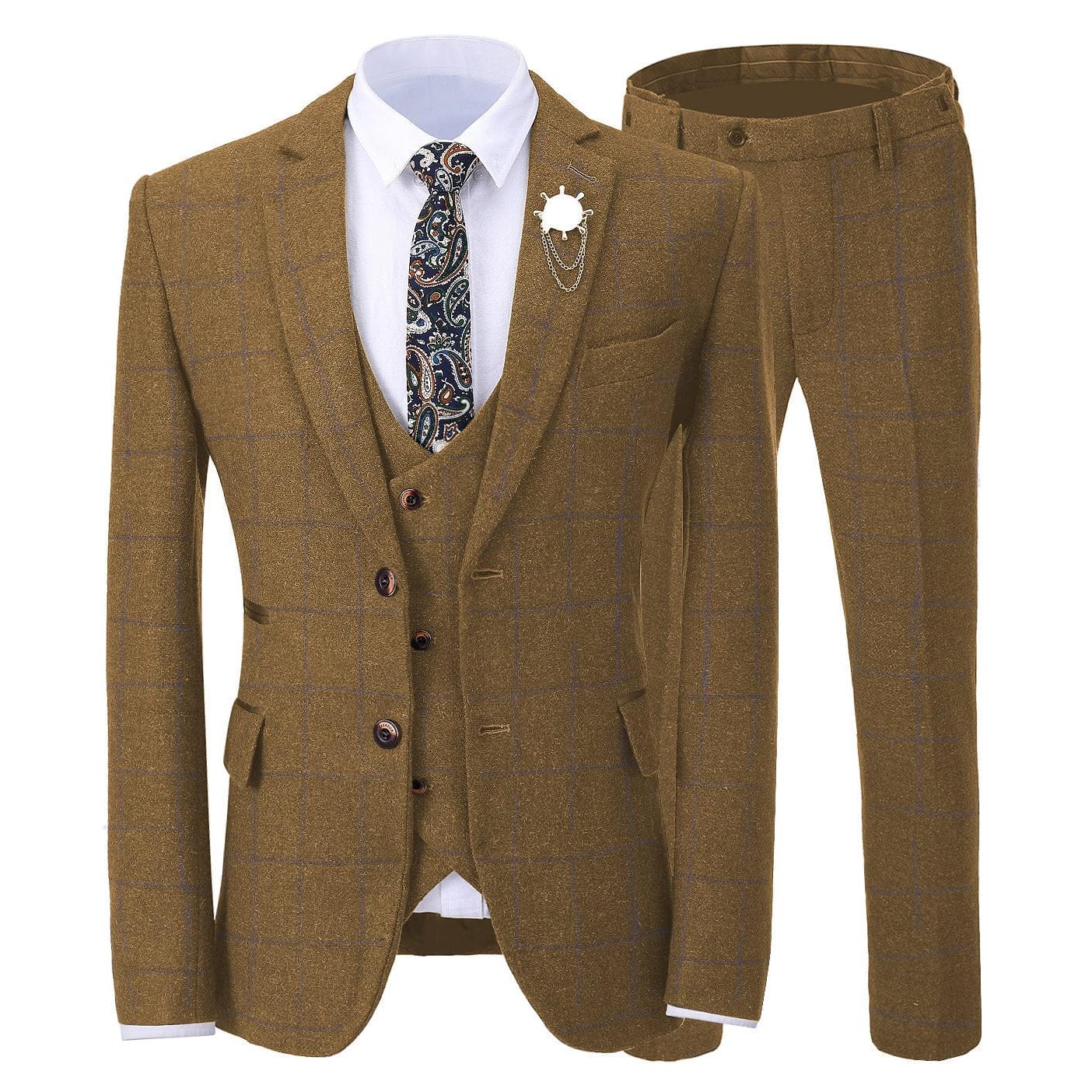 ceehuteey Formal Men's Business 3 Pieces Tweed Plaid Notch Lapel Suit Men for Wedding(Blazer+vest+Pants)