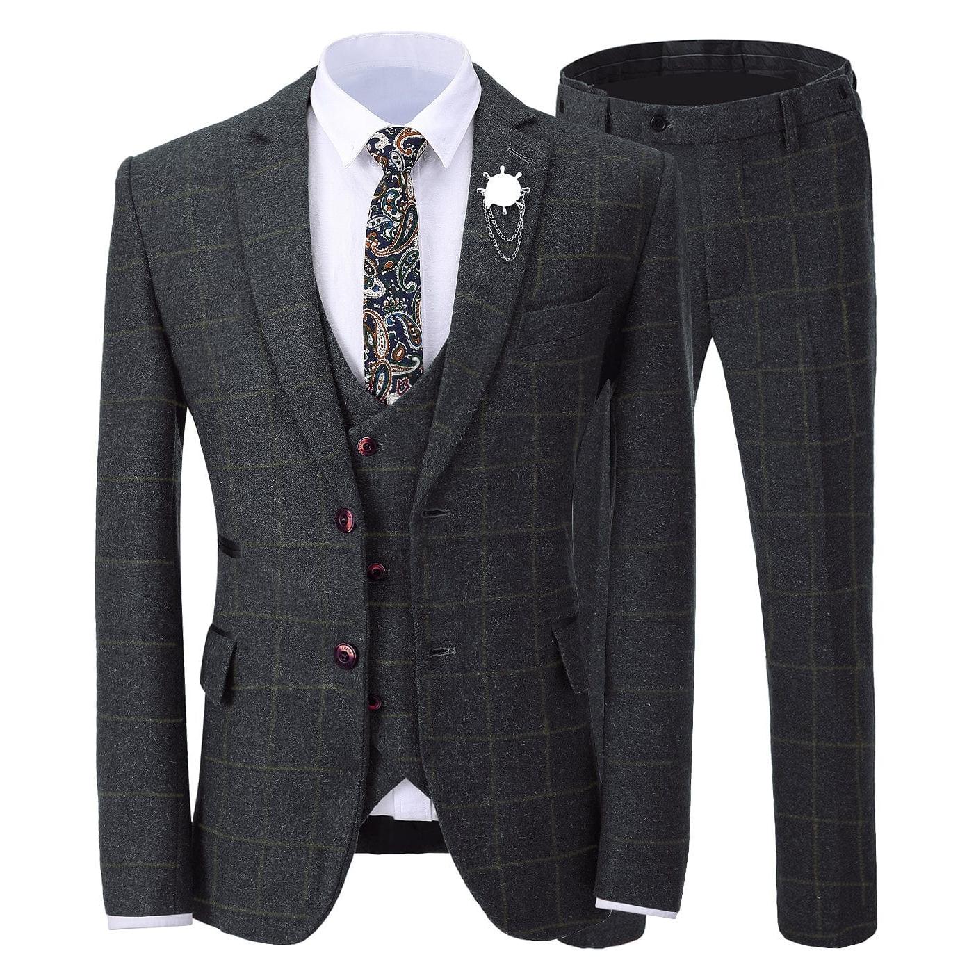 ceehuteey Formal Men's Business 3 Pieces Tweed Plaid Notch Lapel Suit Men for Wedding(Blazer+vest+Pants)