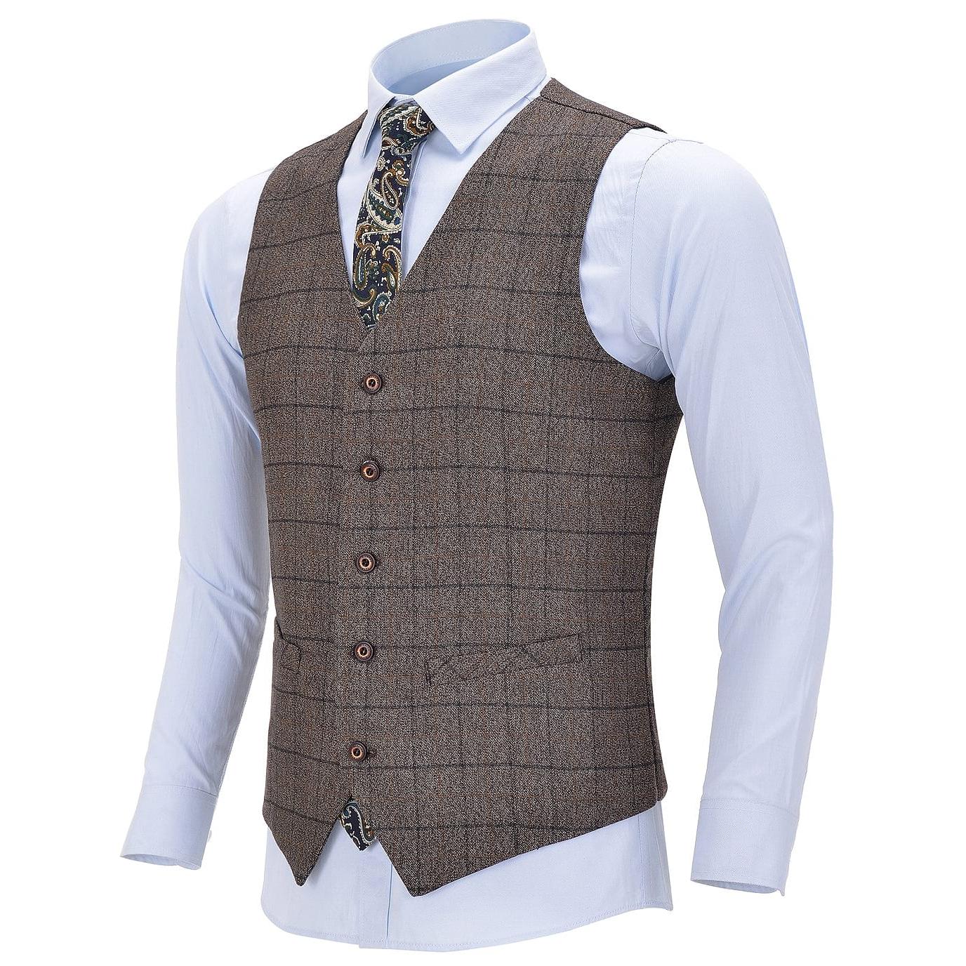ceehuteey Formal Men's  Tweed Plaid Business 3 Pieces Notch Lapel Suit (Blazer+vest+Pants)