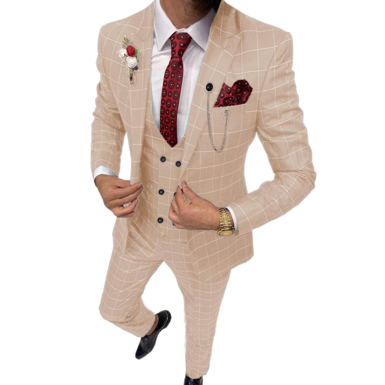 ceehuteey Formal Mens Suit 3 Pieces Check Plaid  Peak Lapel Tuxedos for Wedding (Blazer+Vest+Pants)