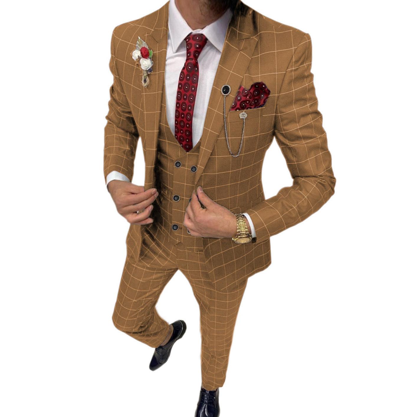 ceehuteey Formal Mens Suit 3 Pieces Check Plaid  Peak Lapel Tuxedos for Wedding (Blazer+Vest+Pants)