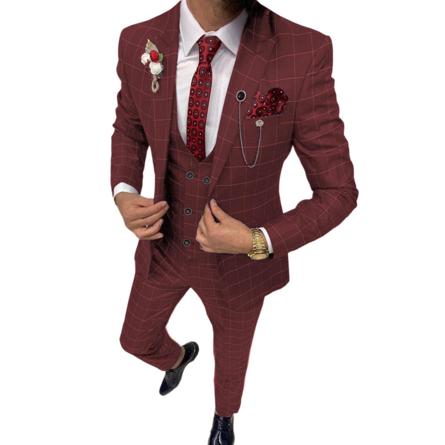 ceehuteey Formal Mens Suit 3 Pieces Check Plaid  Peak Lapel Tuxedos for Wedding (Blazer+Vest+Pants)