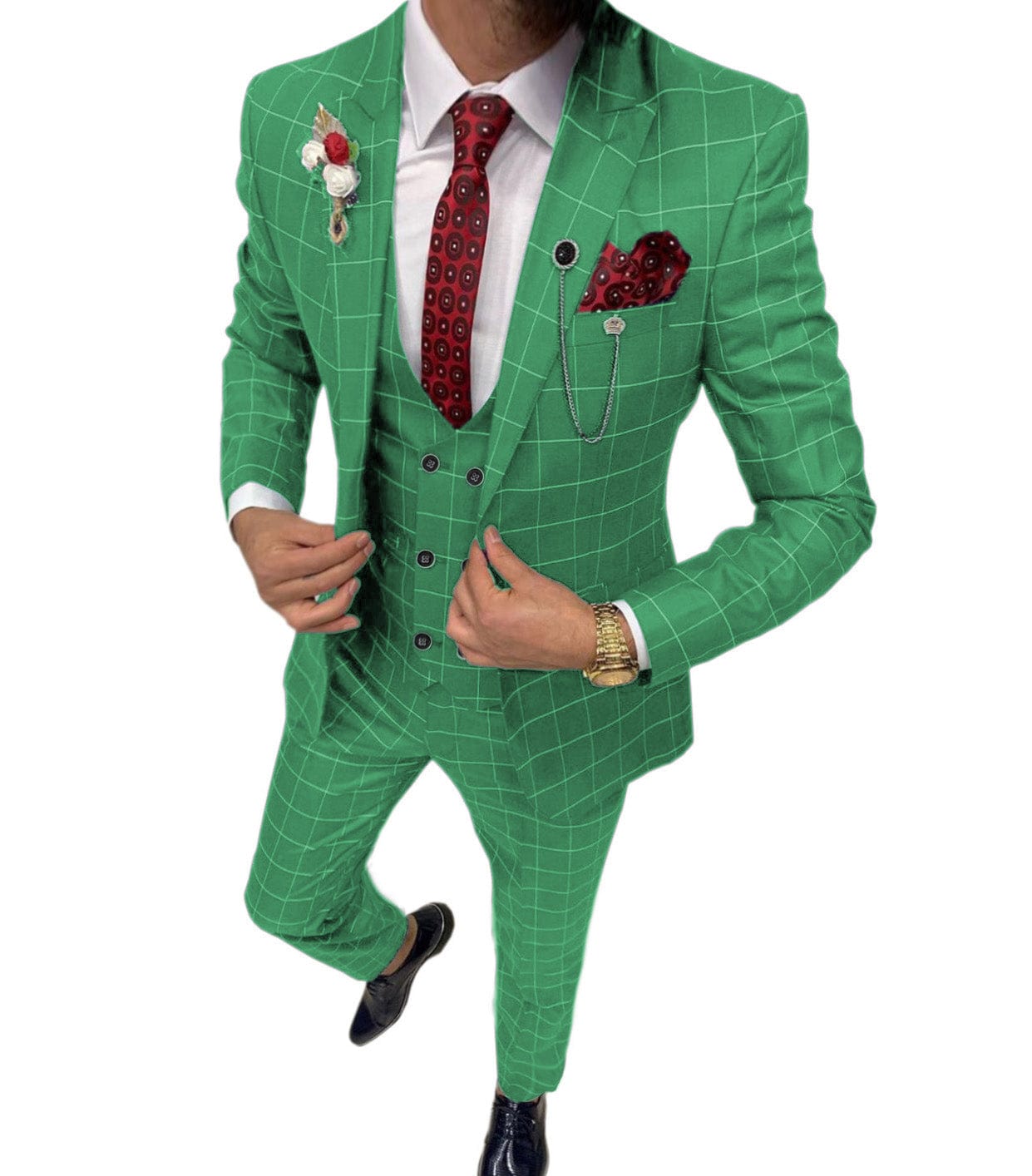 ceehuteey Formal Mens Suit 3 Pieces Check Plaid  Peak Lapel Tuxedos for Wedding (Blazer+Vest+Pants)