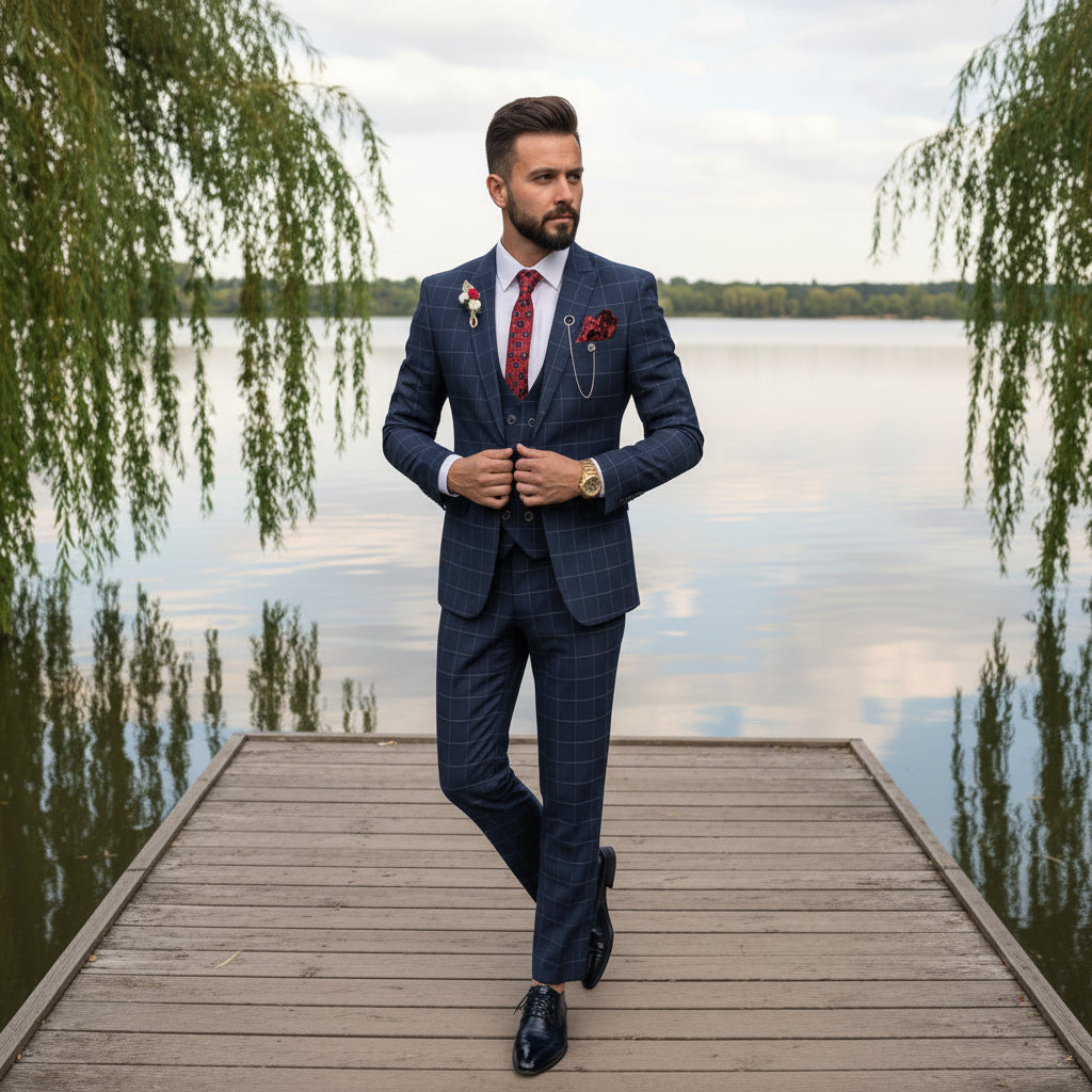 Formal Mens Suit 3 Pieces Check Plaid Peak Lapel Tuxedos for Wedding (Blazer+Vest+Pants) | Formal Mens Suit 3 Pieces Check Plaid Peak Lapel Tuxedos for Wedding (Blazer+Vest+Pants) |